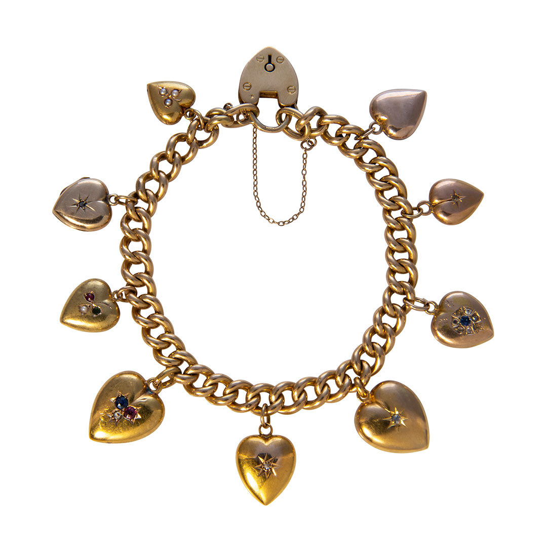 Estate 9 Heart Charm 18K Gold Curb Link Bracelet