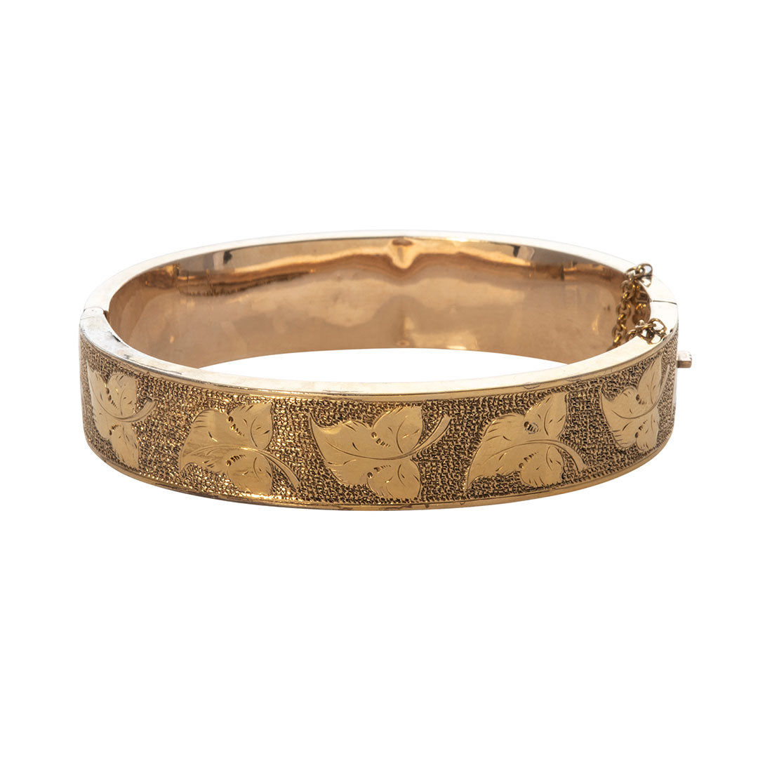 Victorian Engraved Leaf 14K Yellow Gold Bangle