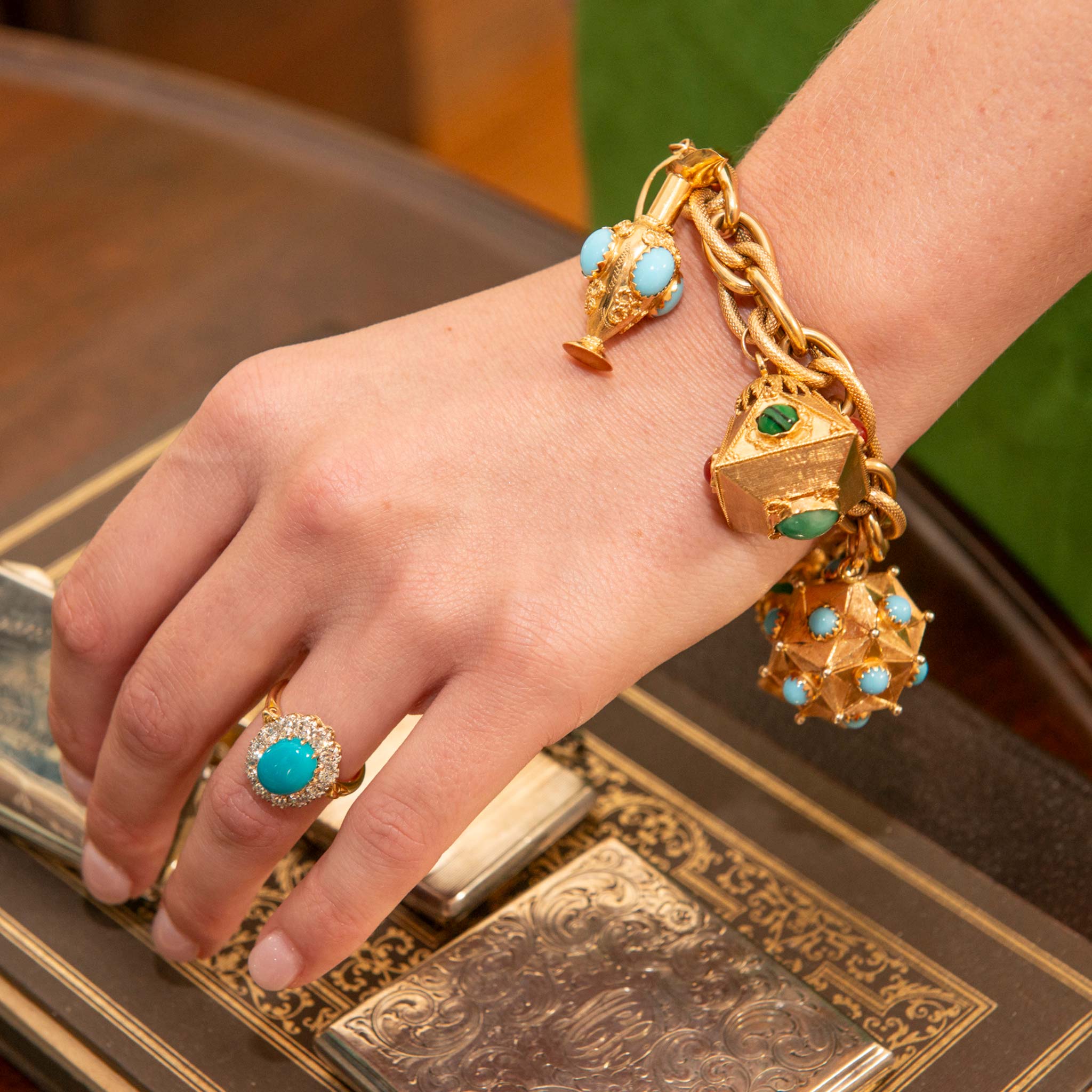 Vintage 18K Gold Multi-Stone Fob Charm Bracelet, Victorian Style Oval Turquoise & Diamond Cluster Ring