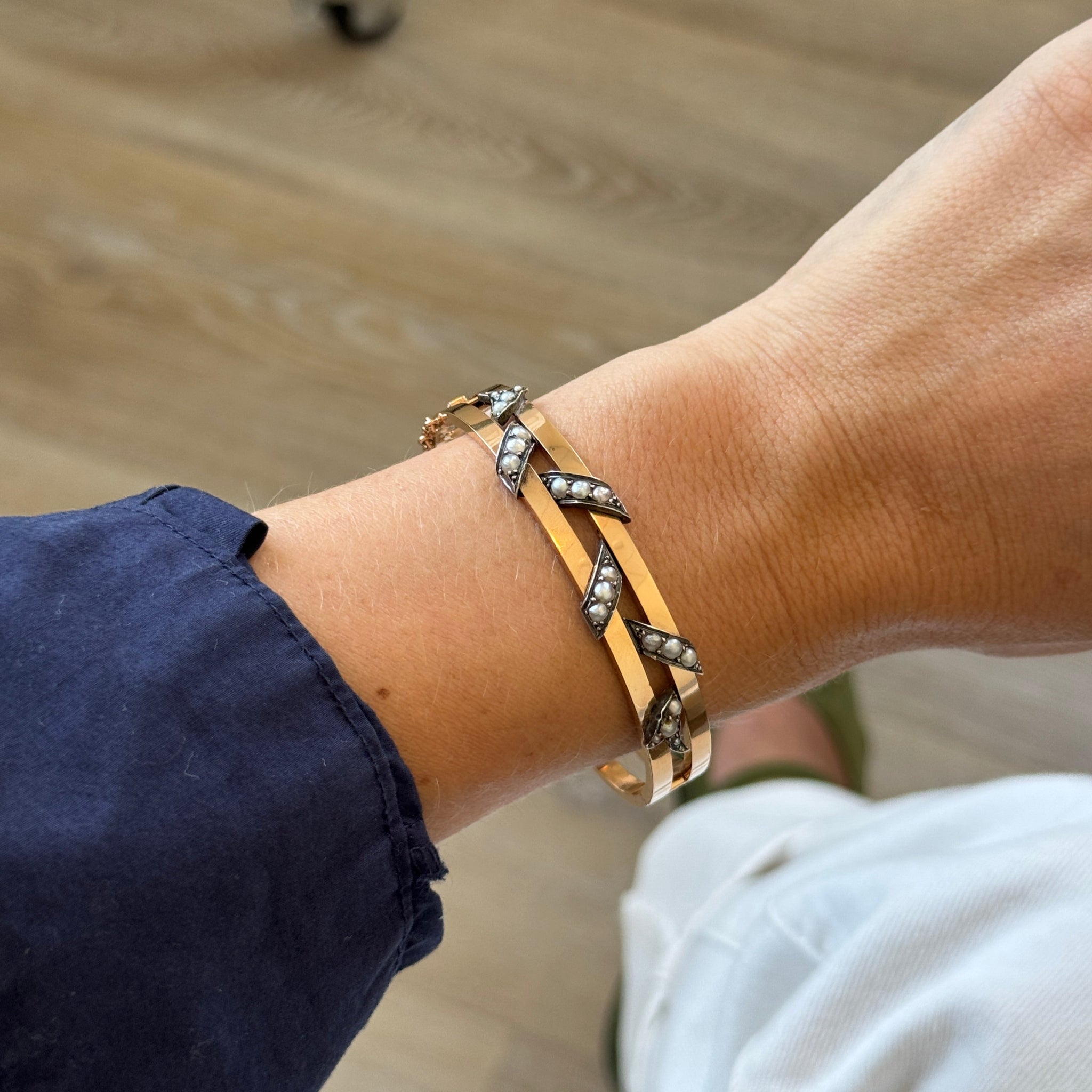 Victorian Seed Pearl Silver & 18K Gold French Bangle