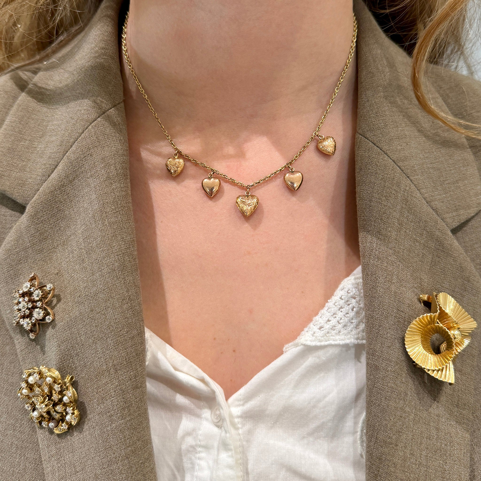 Victorian Style 9K Gold 5-Heart Charm Station Necklace