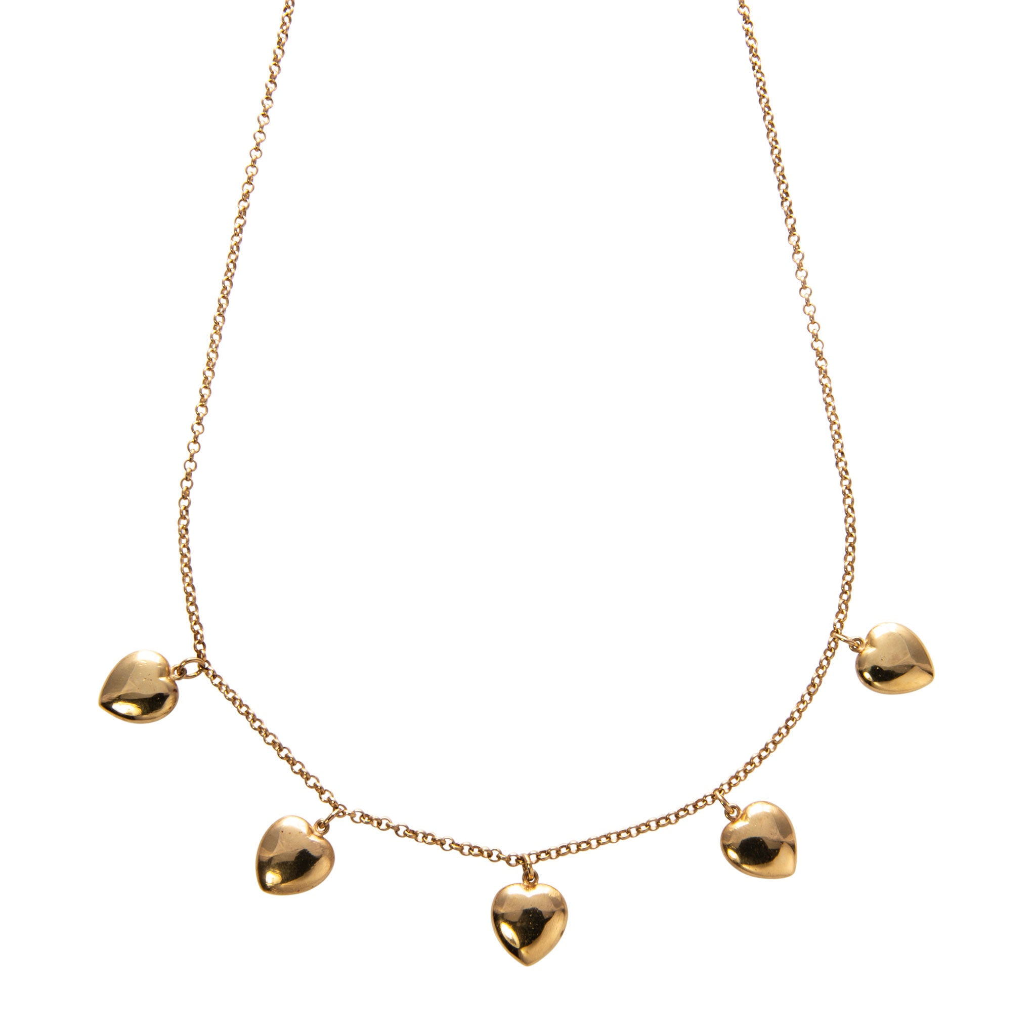 Estate 5 Heart Charm Drop 18K Yellow Gold Necklace