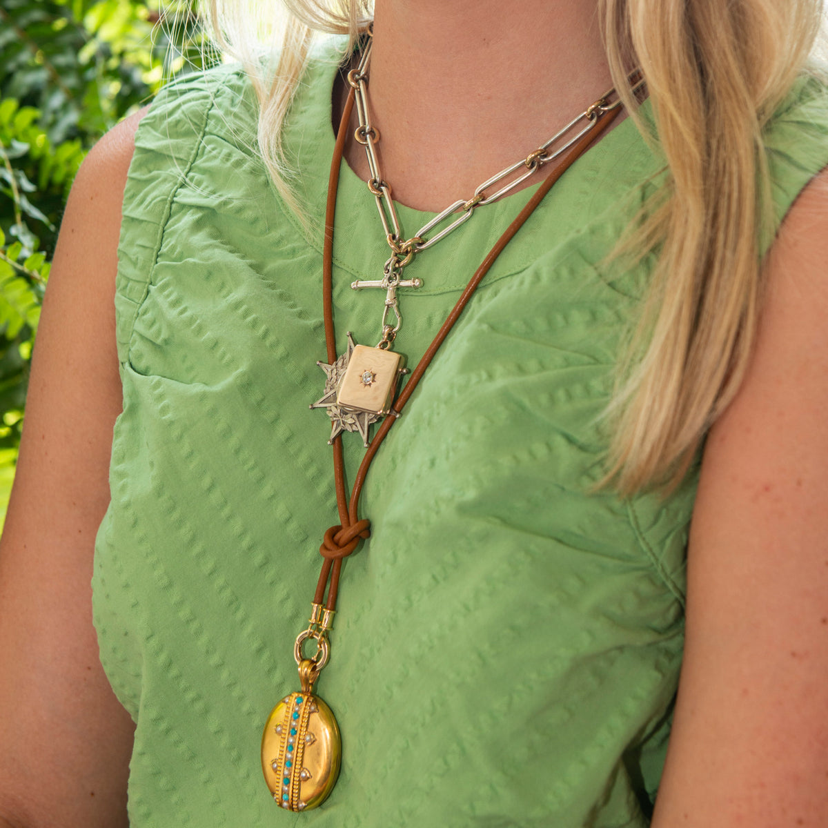 14K Gold & Sterling Silver Kristopher Chain Necklace, Victorian Diamond 10K Gold Rectangle Locket Pendant, Temple St. Clair Open Bale Natural Leather Cord