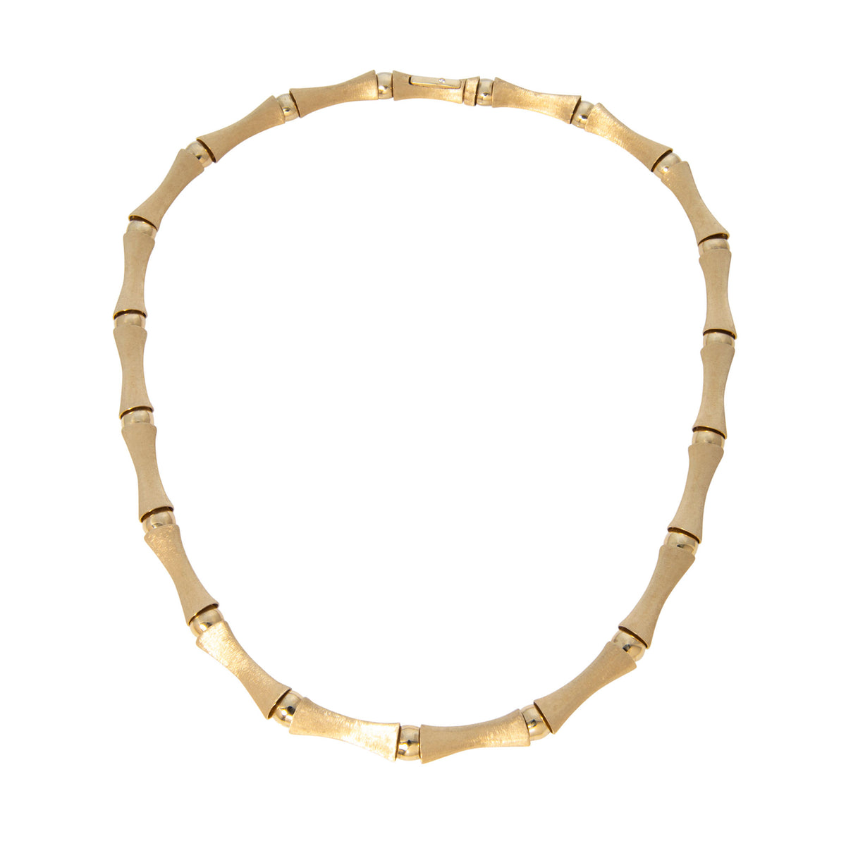 14K yellow gold bamboo link necklace arranged in an oval, showing satin-finish links and polished connectors.