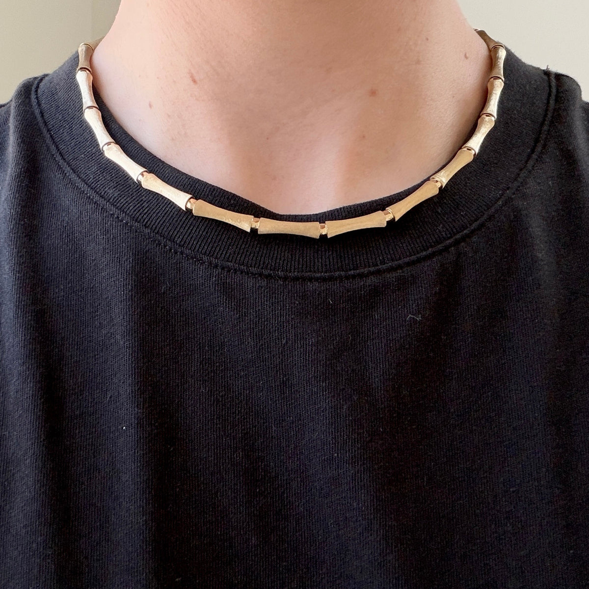 14K Yellow Gold Italian Satin Finish Bamboo Link Necklace 17.5"