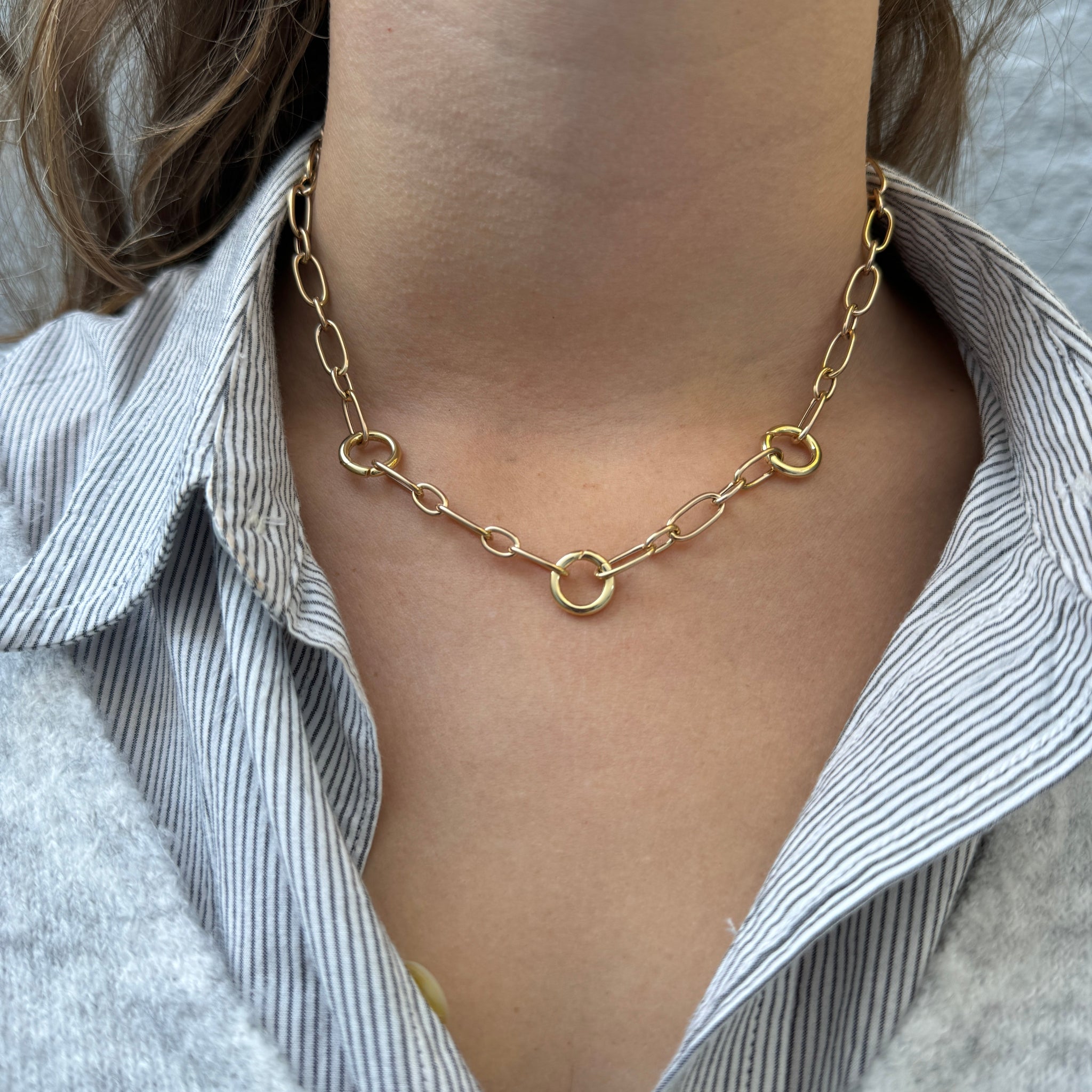 Three-Station Charm Holder Mixed Oval Link Necklace