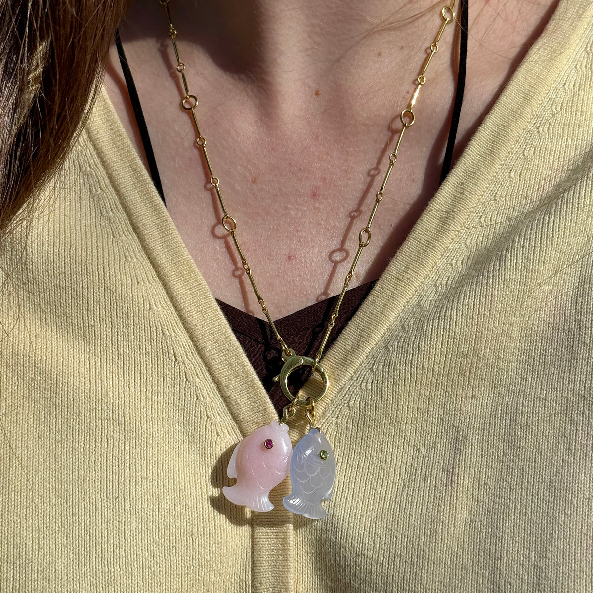Mazza 14K Yellow Gold Charm Holder Clasp Bar Chain Necklace, Mazza Chalcedony & Tsavorite 14K Gold Fish Pendant