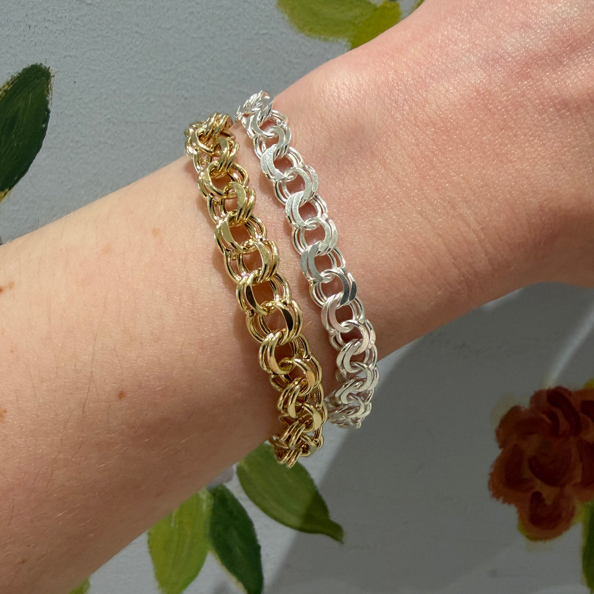 Sterling Silver 7.6mm Double Link Charm Bracelet, 14K Yellow Gold 8.5mm Double Link Charm Bracelet