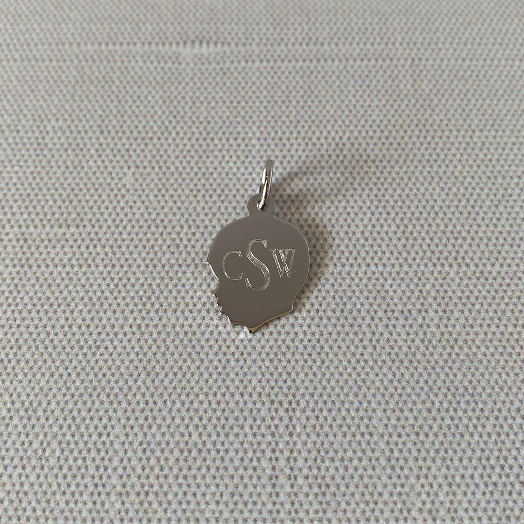 Sterling Silver Young Boy's Head Silhouette Charm with machine engraved monogram