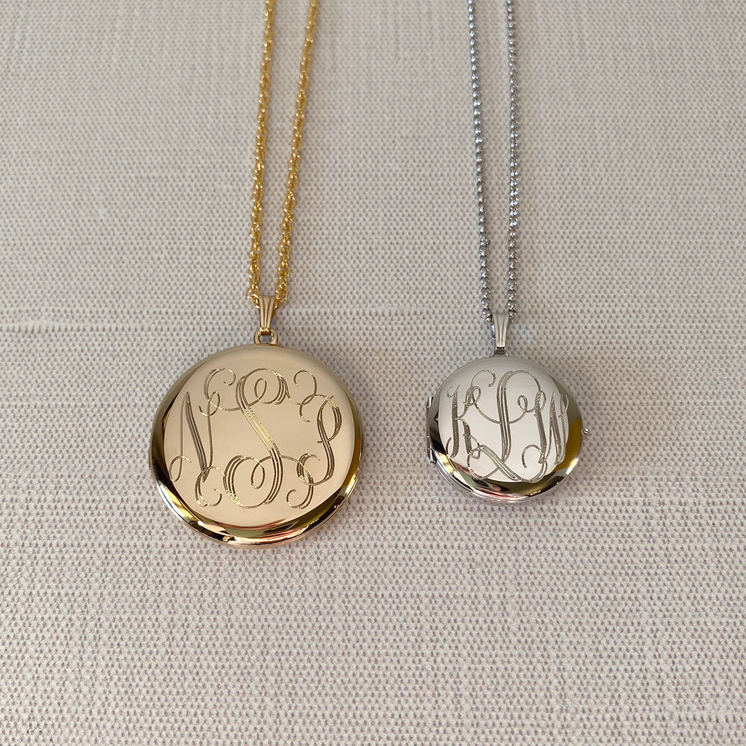 14K Gold Filled 33mm Round Locket Necklace with machine engraved interlocking script monogram