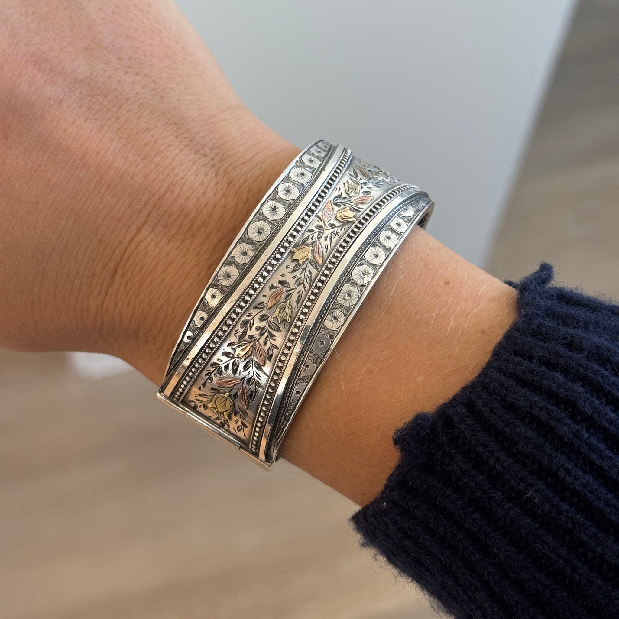 Victorian Aesthetic Gold Overlay Sterling Silver Wide Bangle