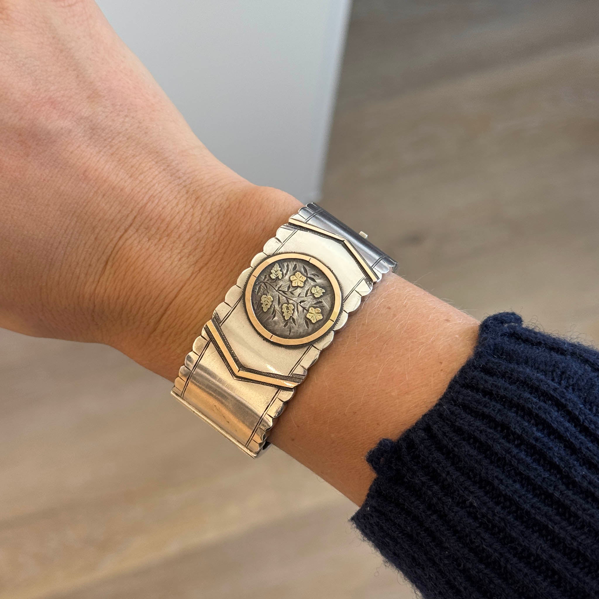 Victorian Aesthetic Period Gold Overlay Sterling Silver Wide Bangle