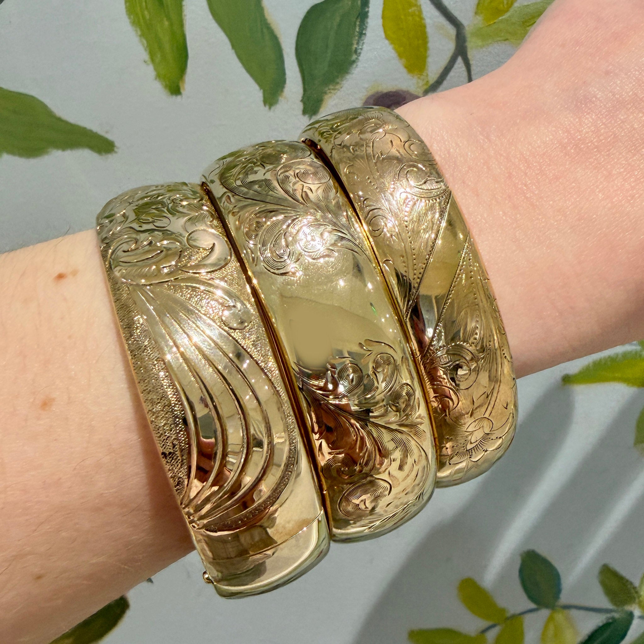 Vintage Scroll Engraved Gold-Filled Bangle, Vintage Scroll Engraved Gold-Filled Bangle, Vintage Floral Engine-Turned Gold-Filled Bangle