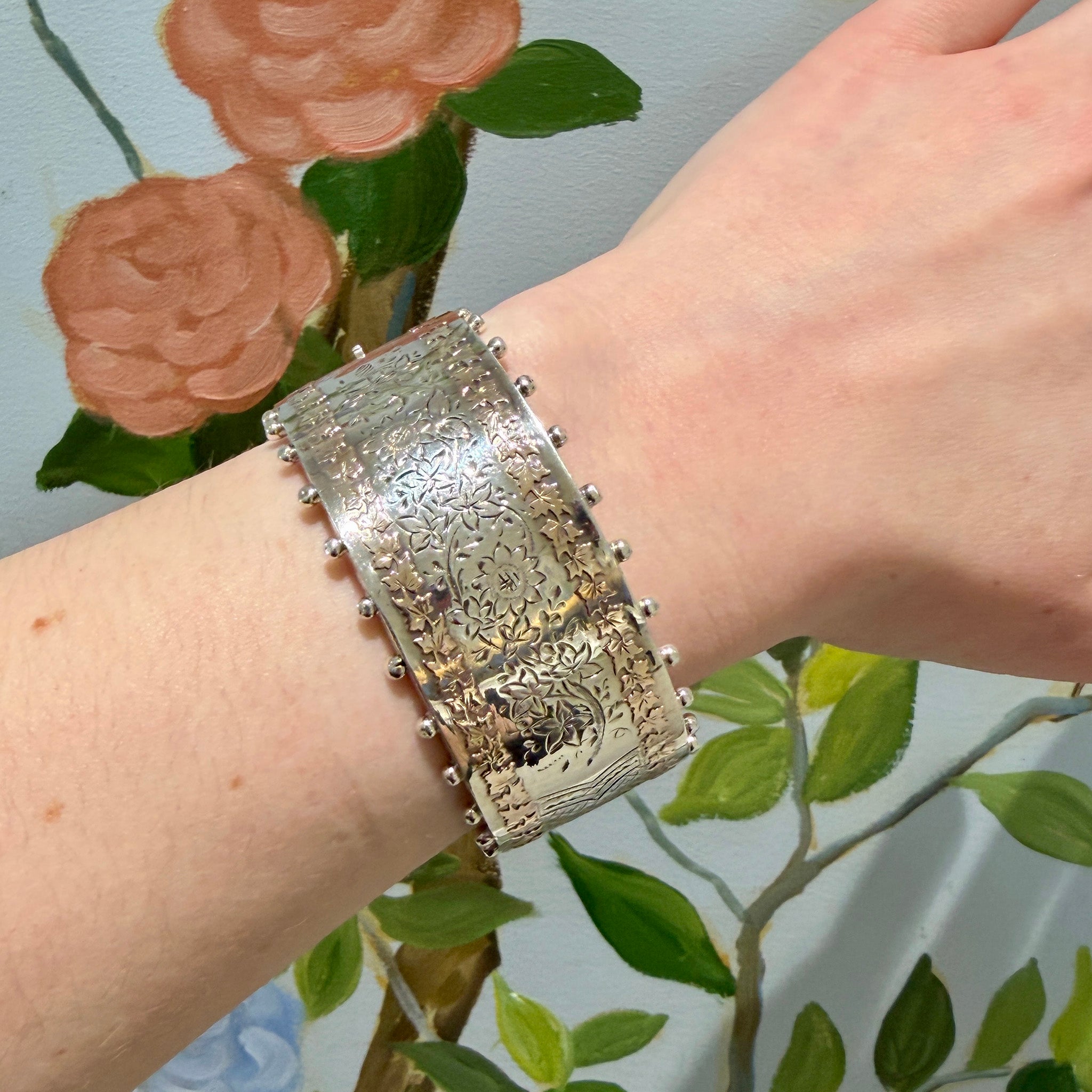 Victorian Gold Overlay Sterling Silver Wide Bangle