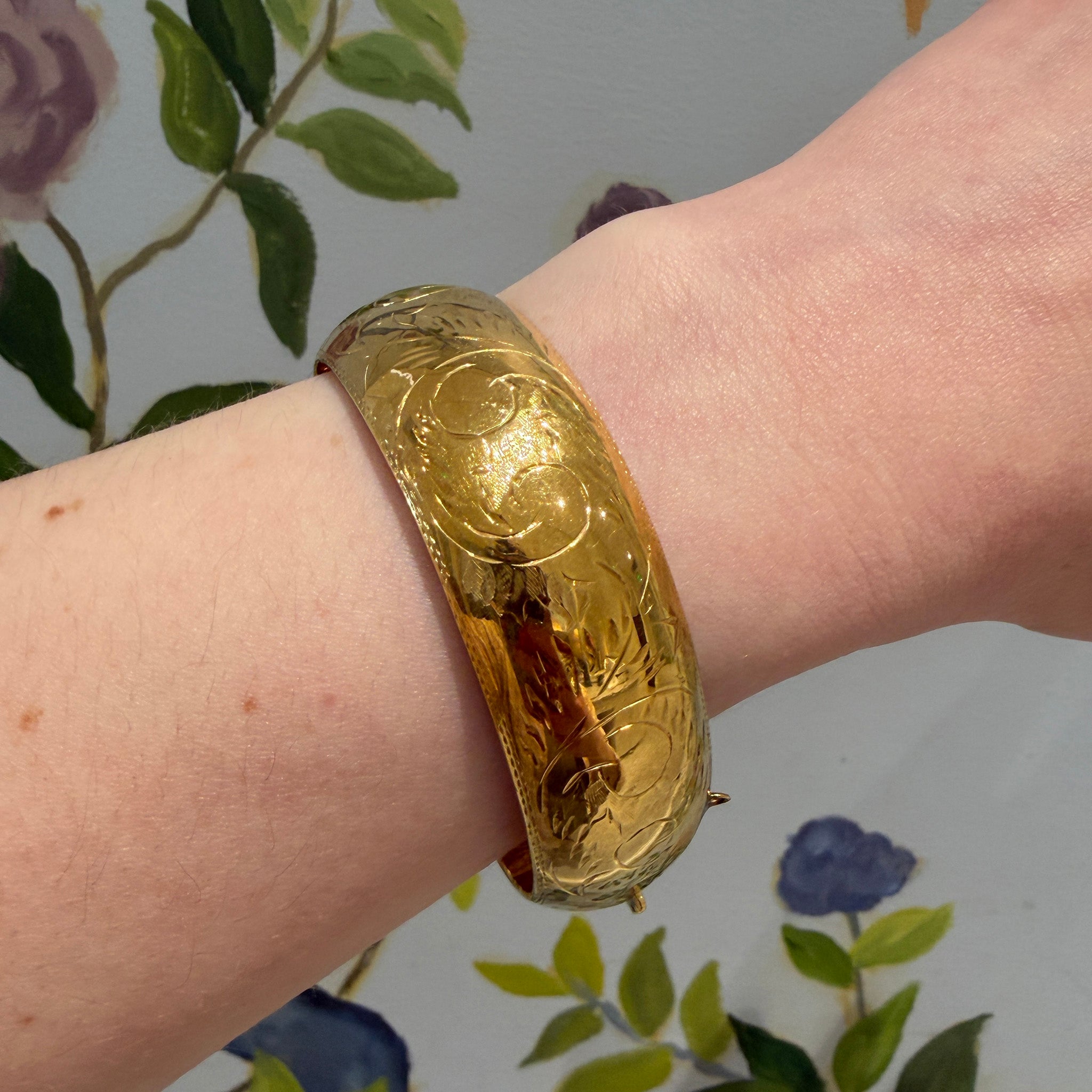 Vintage Engraved Gold Vermeil Wide Bangle
