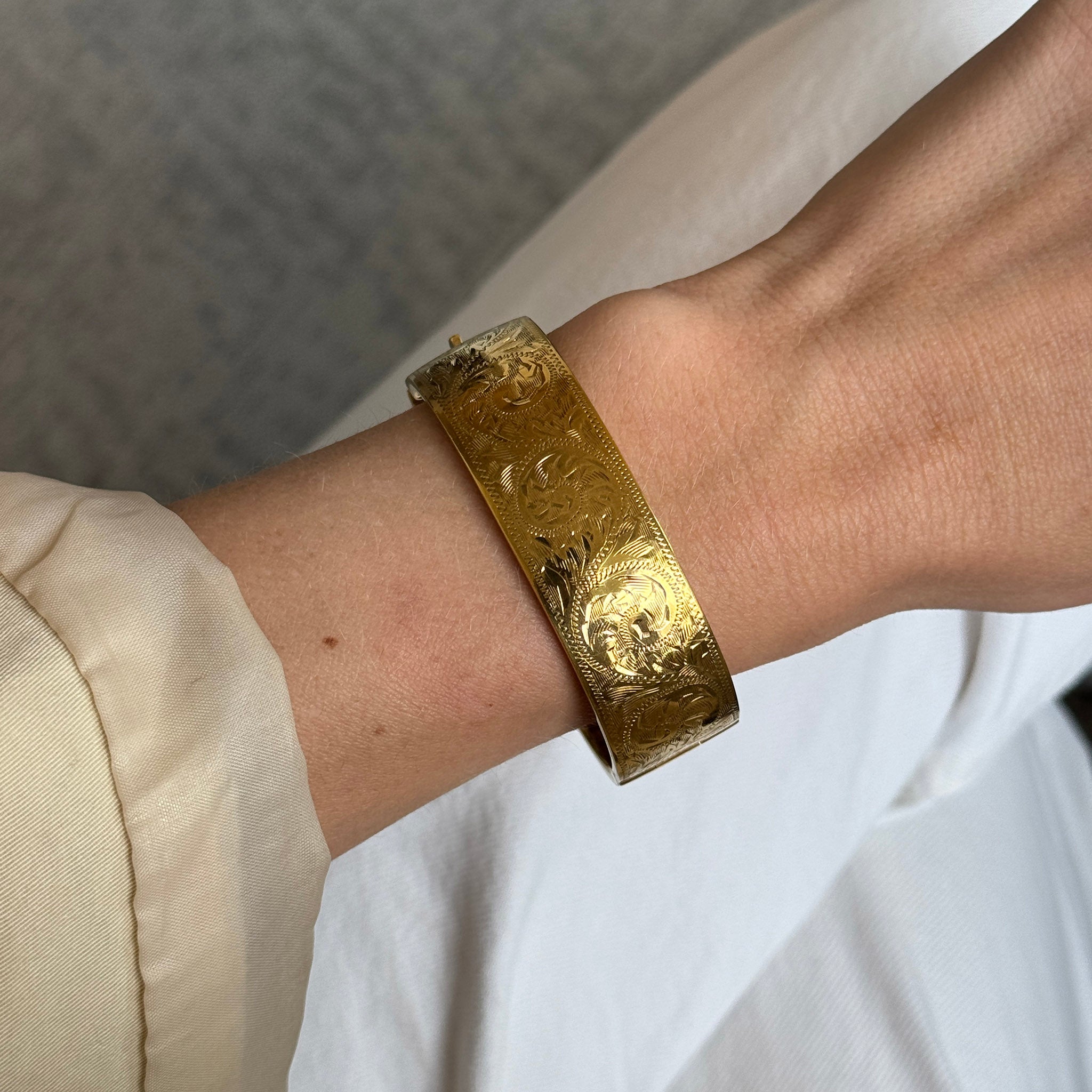 Vintage Engraved Gold Vermeil Wide Bangle