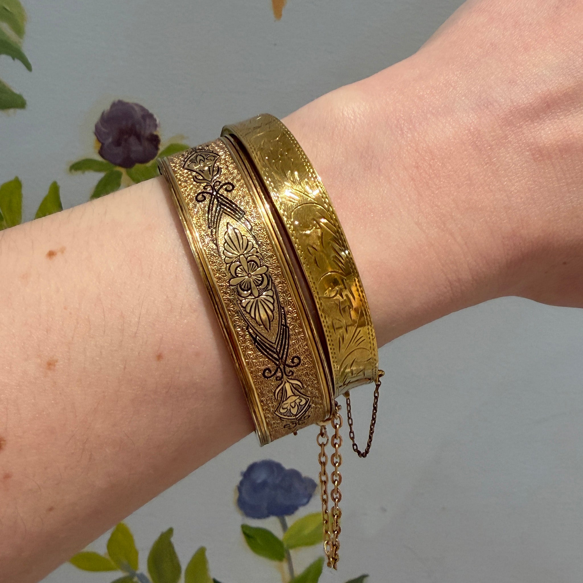 Victorian Style Enamel Tracery Gold-Filled Bangle, Vintage Engraved Gold Vermeil Bangle