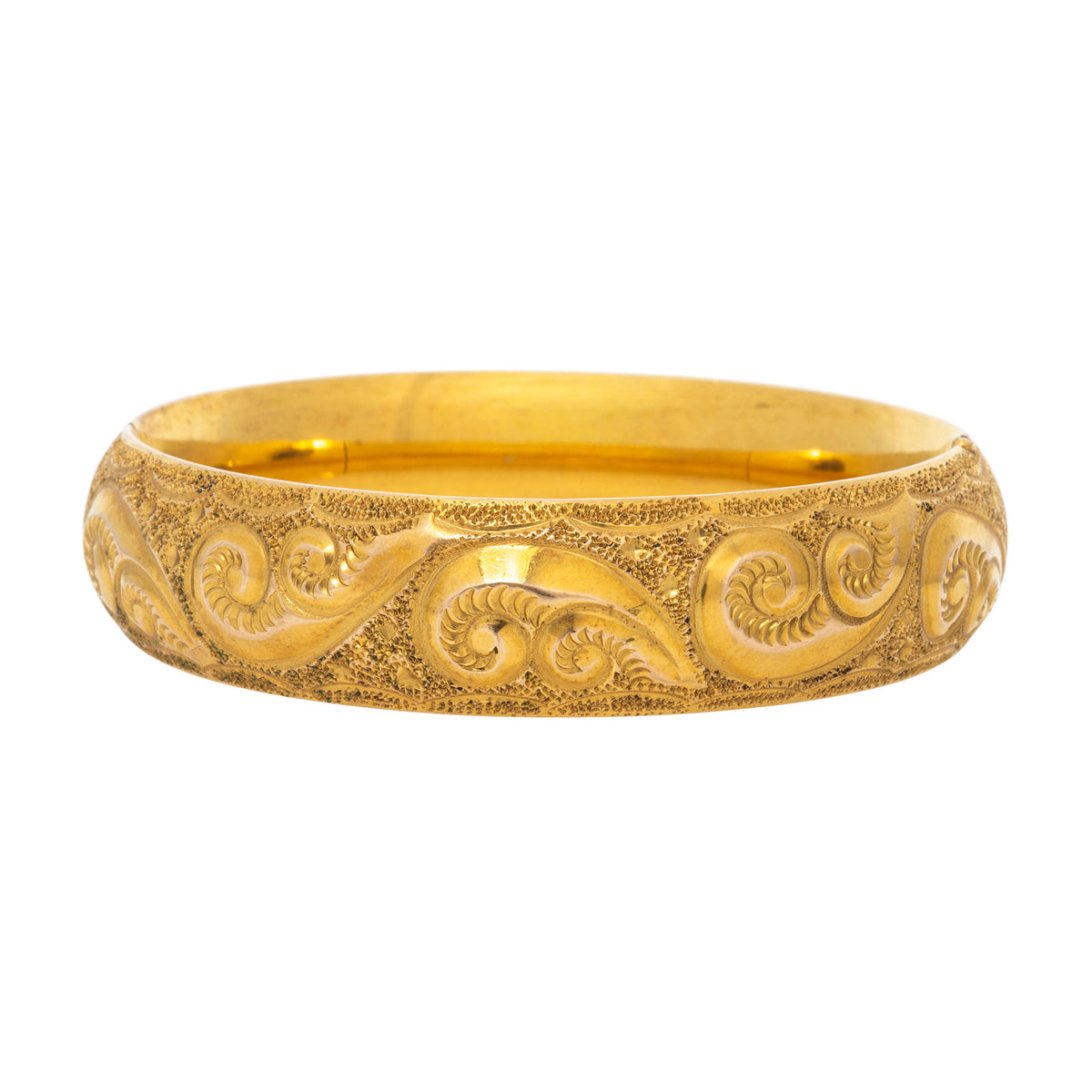 Vintage Engraved Scroll Pattern Gold-Filled Bangle on a white background.