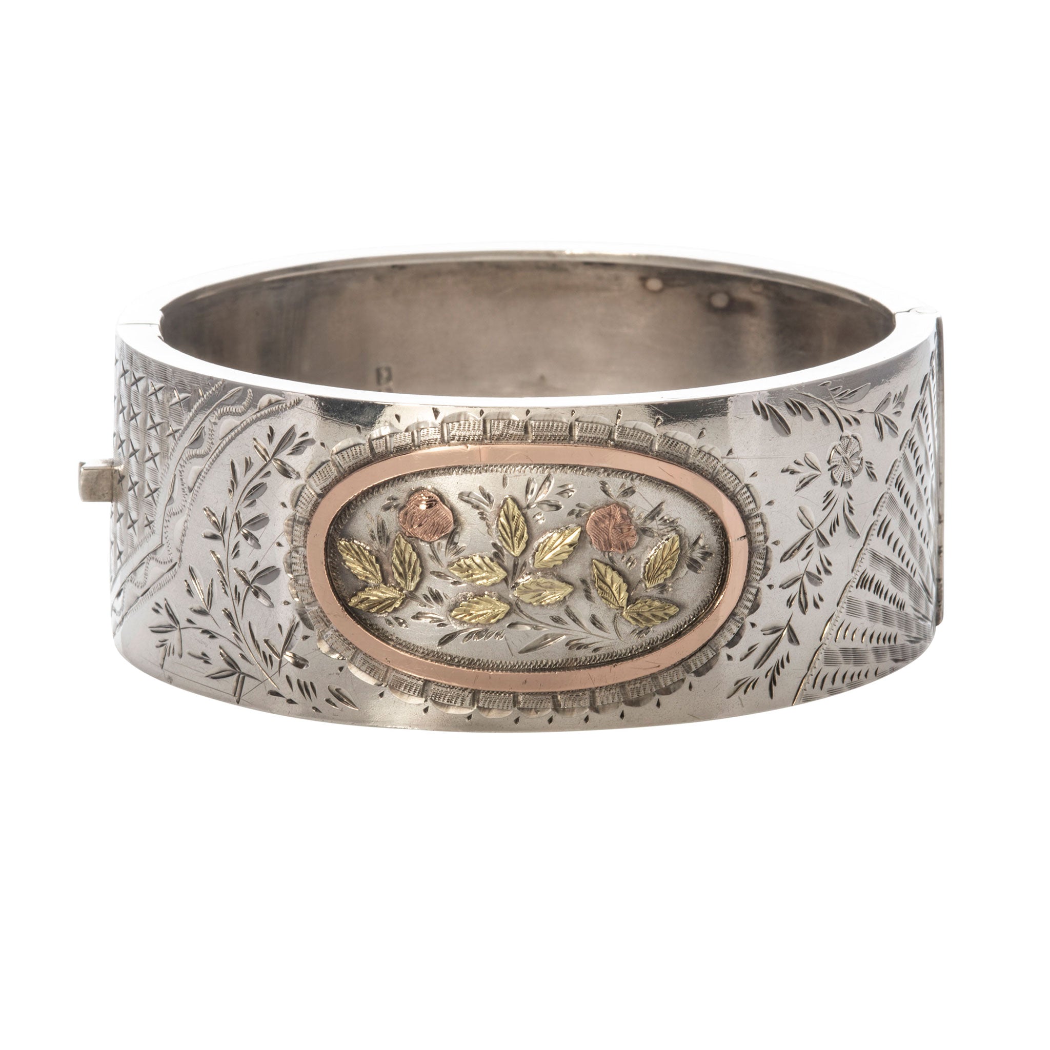 Victorian Gold Overlay Floral Silver Wide Cuff Bangle
