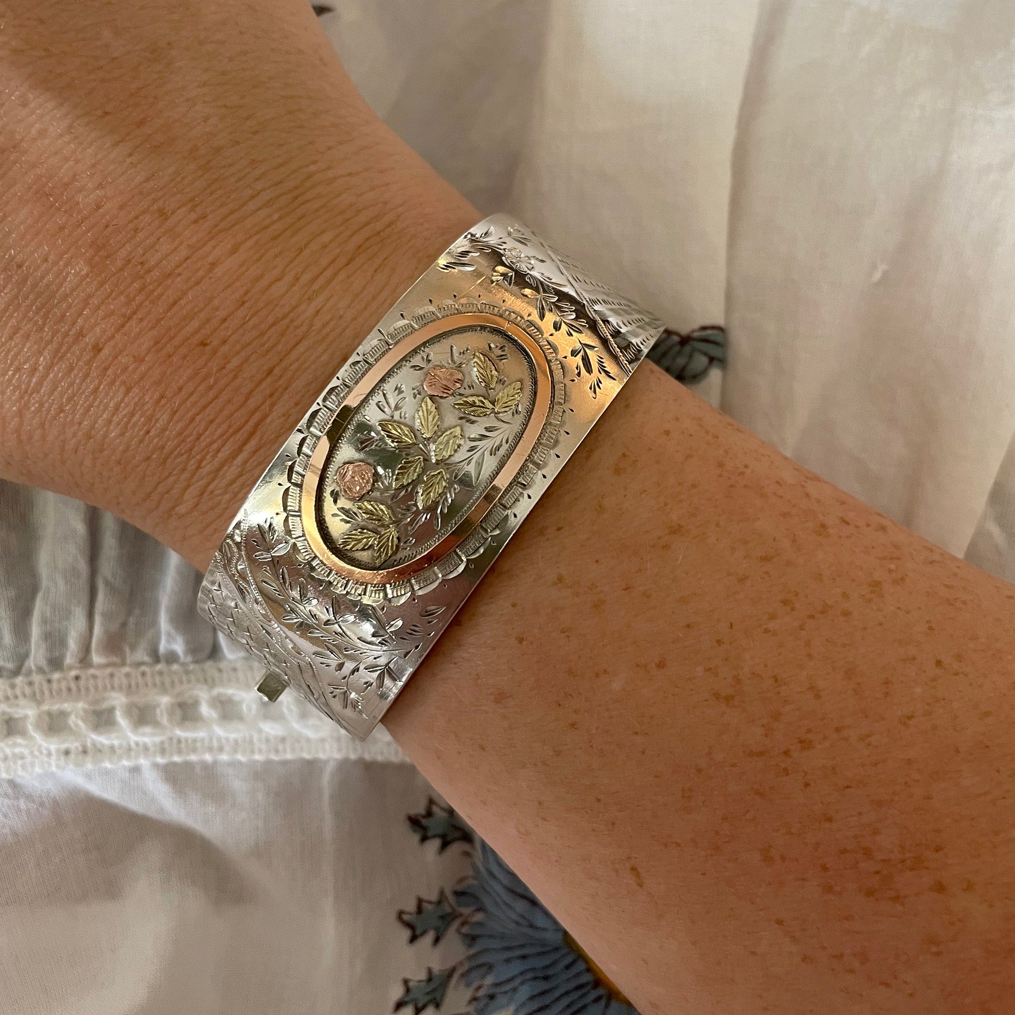 Victorian Gold Overlay Floral Silver Wide Cuff Bangle