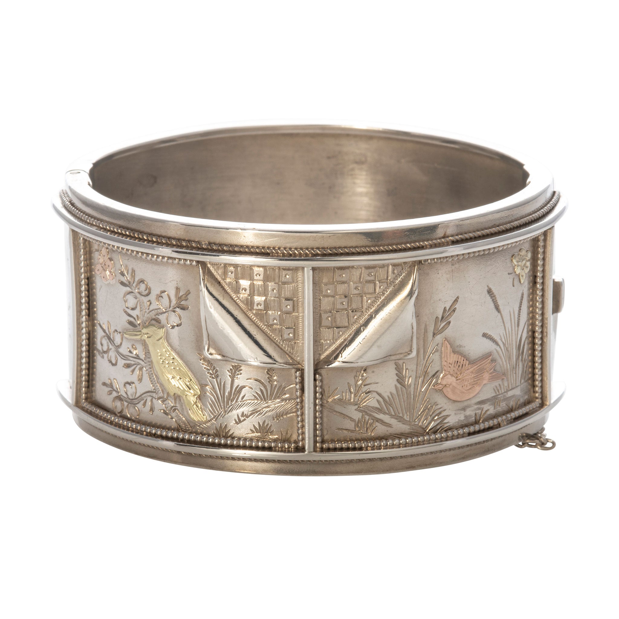 Victorian Gold Overlay Two Birds Silver Wide Cuff Bangle