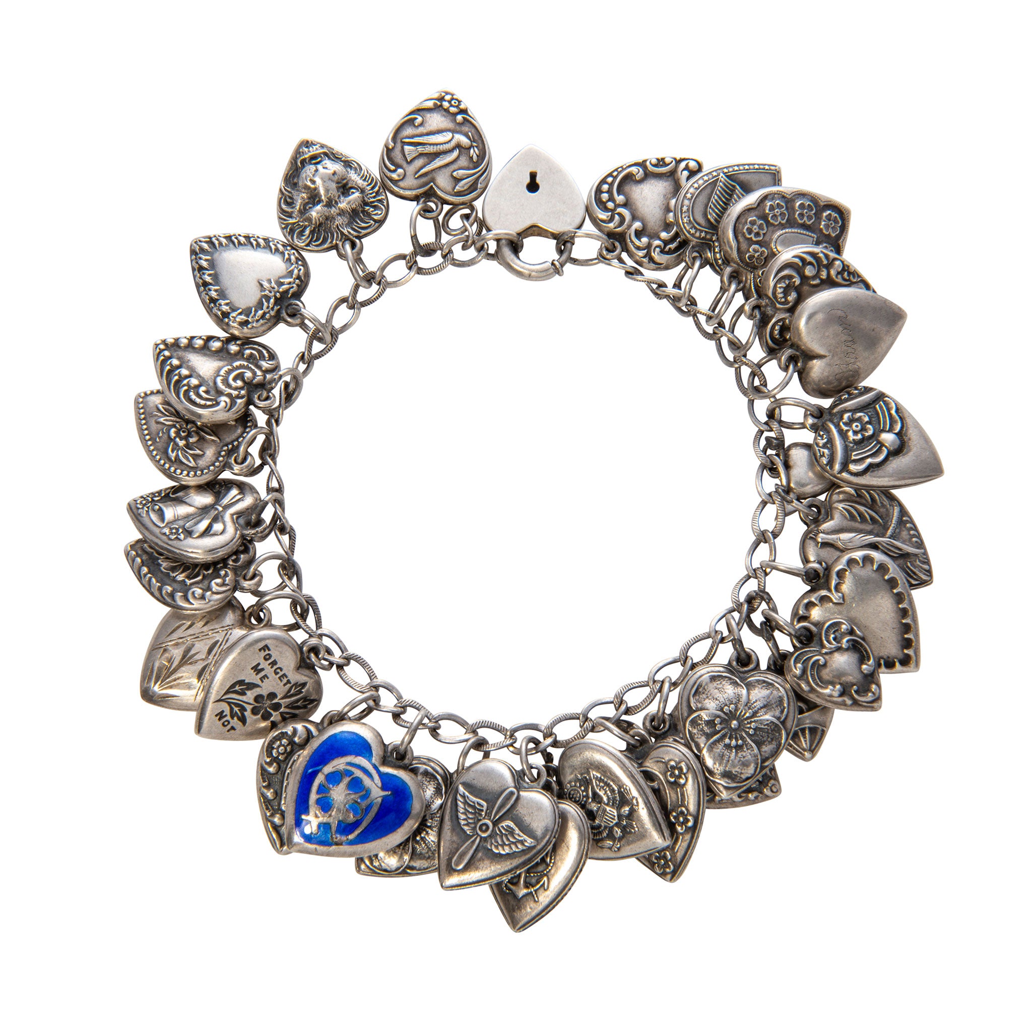 Victorian Sterling Silver Heart Charm Padlock Clasp Bracelet