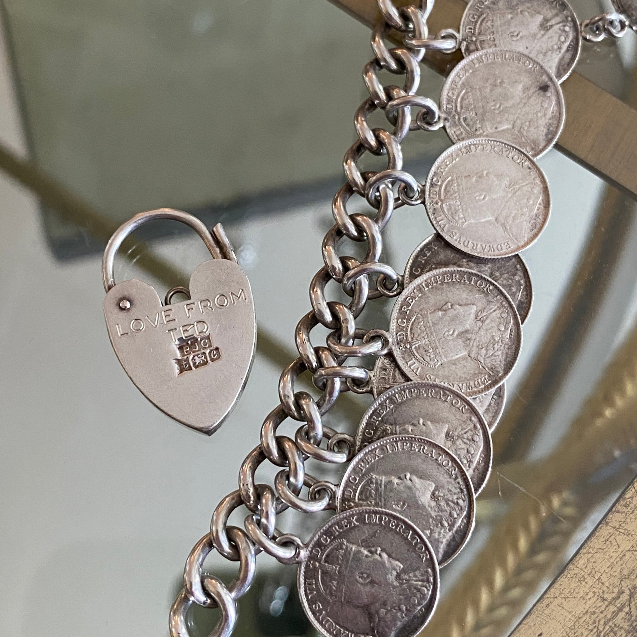 Estate Silver Coin Charm Heart Padlock Clasp Bracelet