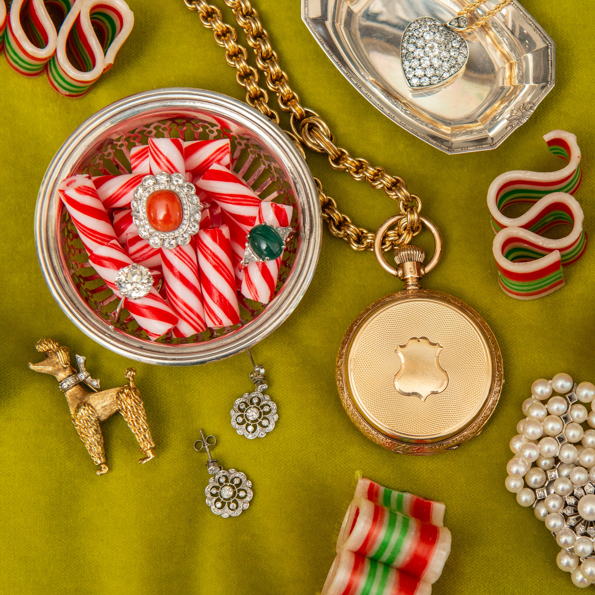 Emerald Cabochon Ring, Vintage Diamond Collar 18K Gold Fancy Poodle Brooch, Victorian-Style 14K Yellow Gold Pocket Watch Locket Pendant, Victorian 14K Yellow Gold Mixed Link Chain Necklace, Diamond PavĂŠ Heart Pendant Necklace