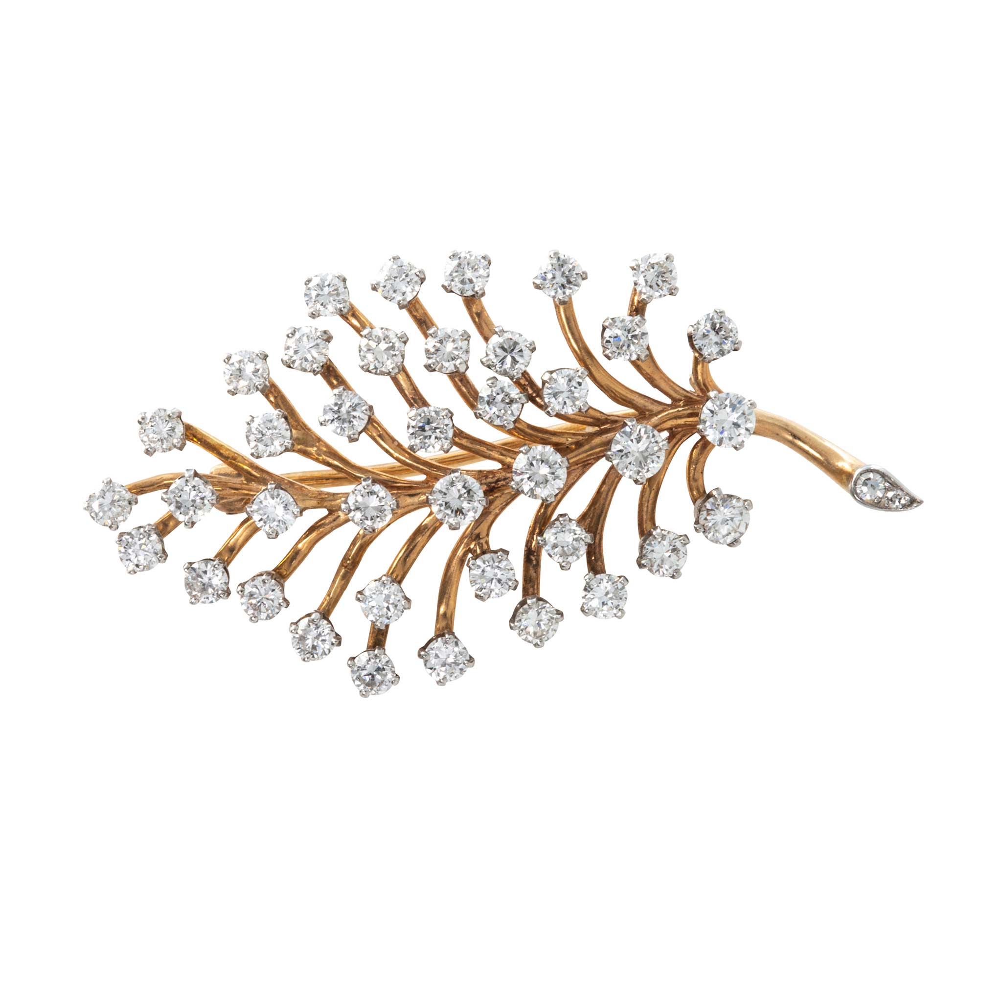 Vintage 2ctw Diamond 14K Gold Platinum Leaf Brooch