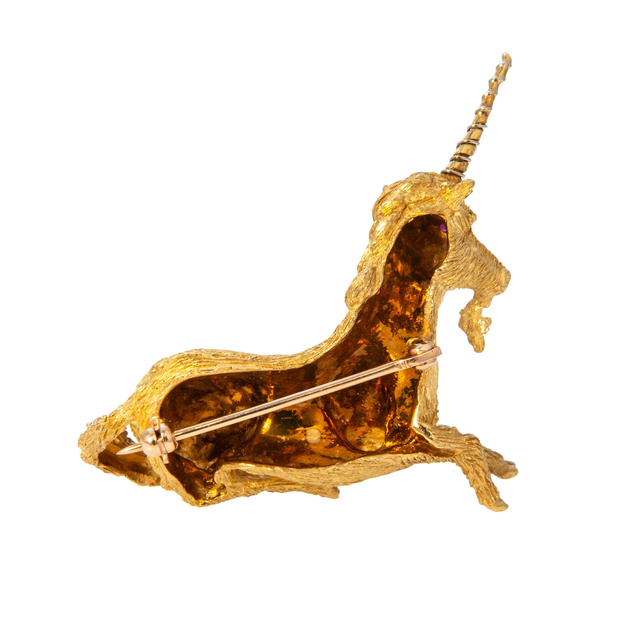 Vintage Diamond & Ruby 18K Yellow Gold Unicorn Brooch
