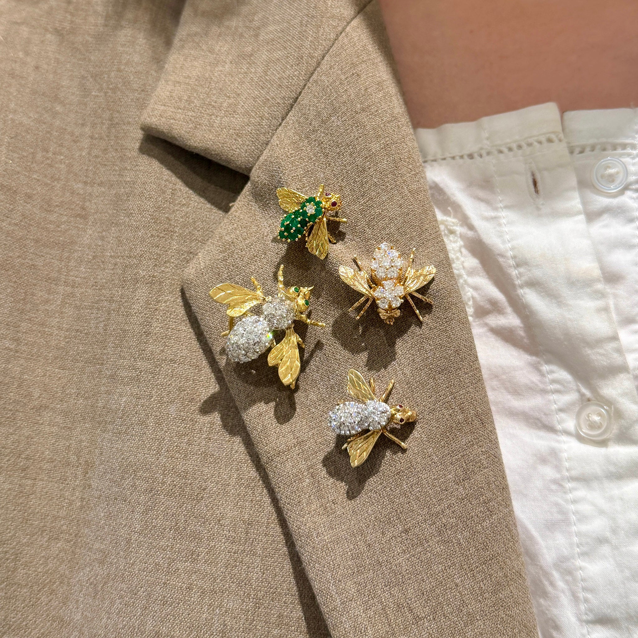 Vintage Diamond & Emerald 18K Gold Bee Pin, Vintage Diamond 14K Yellow Gold Bee Pin, Vintage Diamond & Red Stone 14K Gold Bee Pin, Vintage Emerald, Diamond & Ruby 18K Yellow Gold Bee Pin