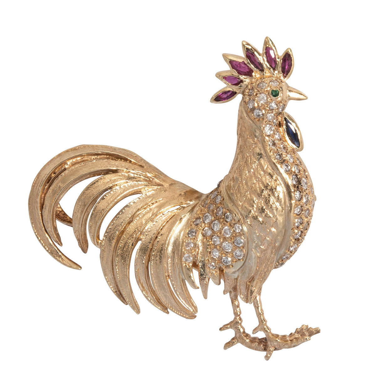 Vintage Diamond, Ruby & Sapphire 14K Gold Rooster Brooch