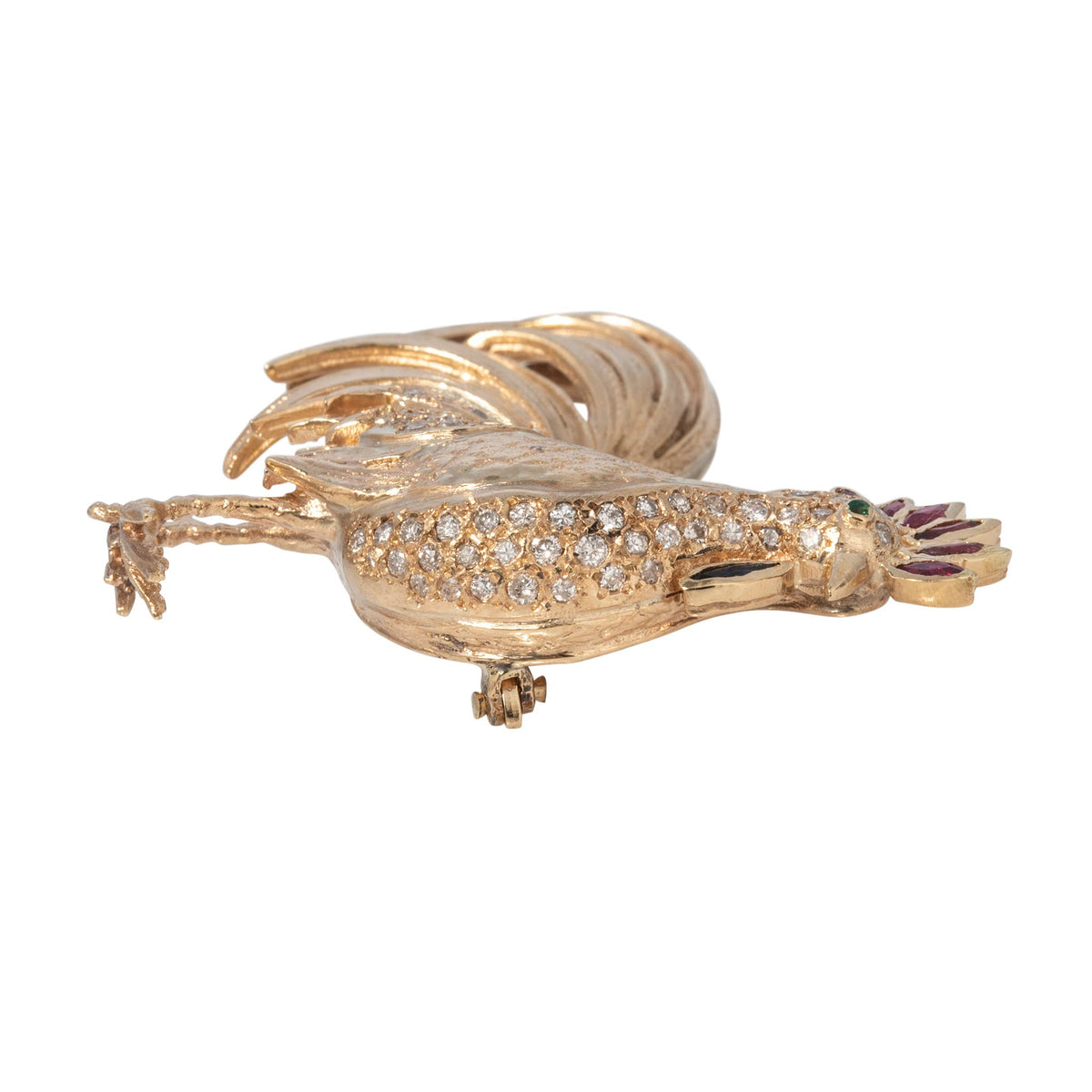 Vintage Diamond, Ruby & Sapphire 14K Gold Rooster Brooch