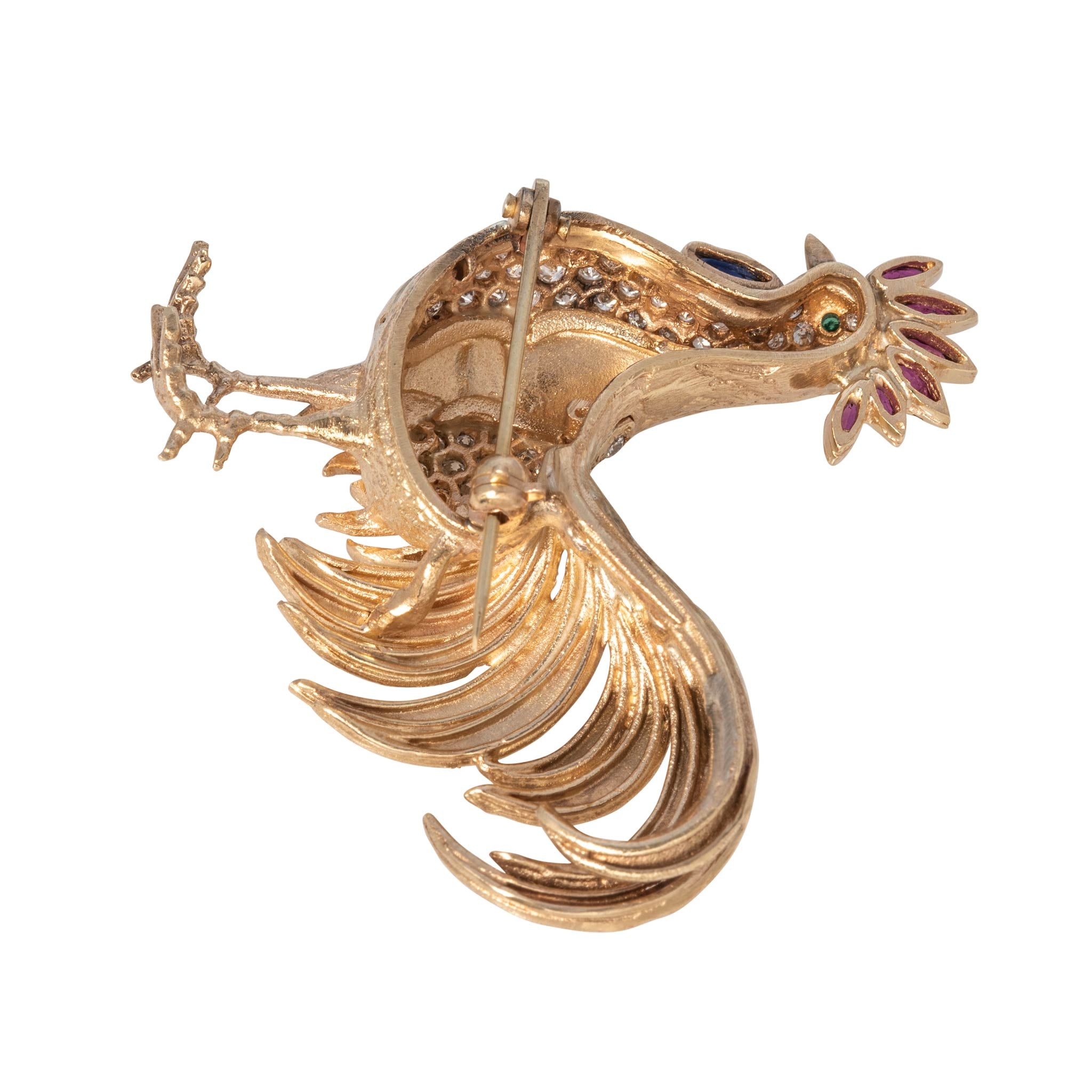 Vintage Diamond, Ruby & Sapphire 14K Gold Rooster Brooch