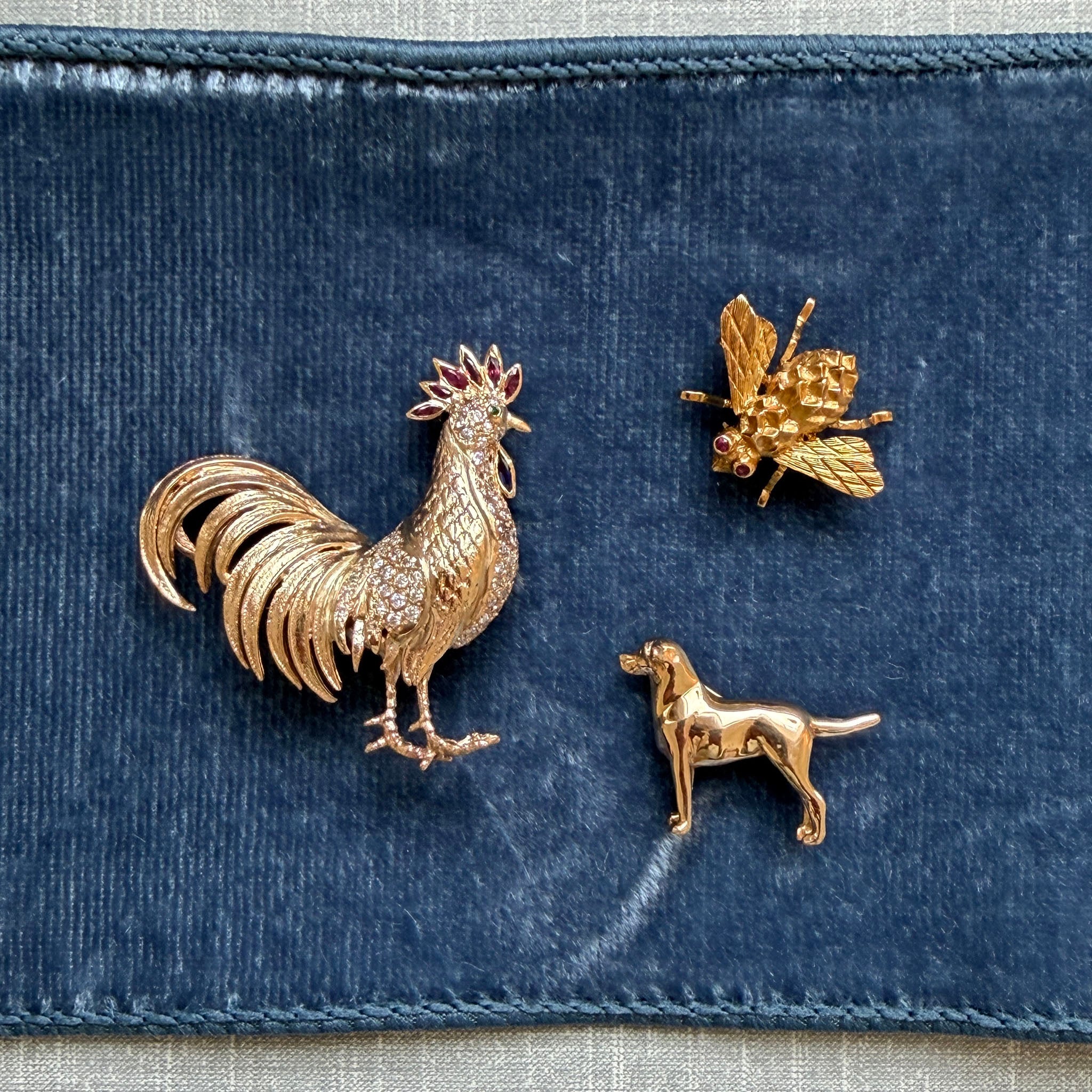 Vintage Diamond, Ruby & Sapphire 14K Gold Rooster Brooch, Vintage Red Stone 18K Yellow Gold Bee Pin, Vintage 14K Yellow Gold Dog Pin