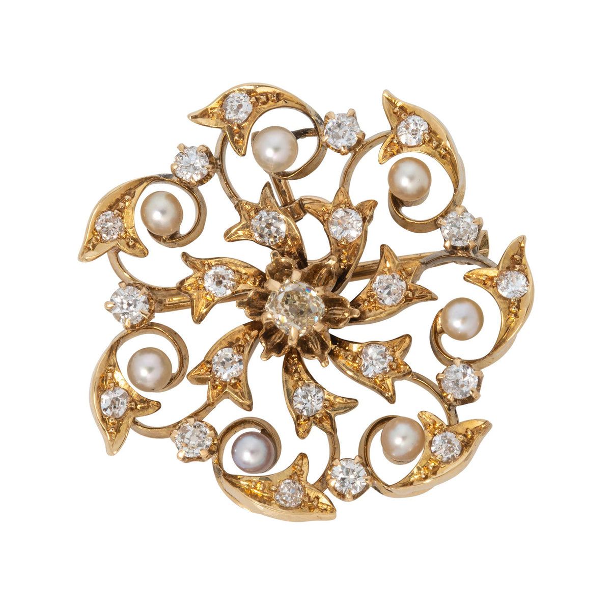 Victorian Style Old Mine Cut Diamond & Pearl 18K Gold Swirl Pin/Pendant