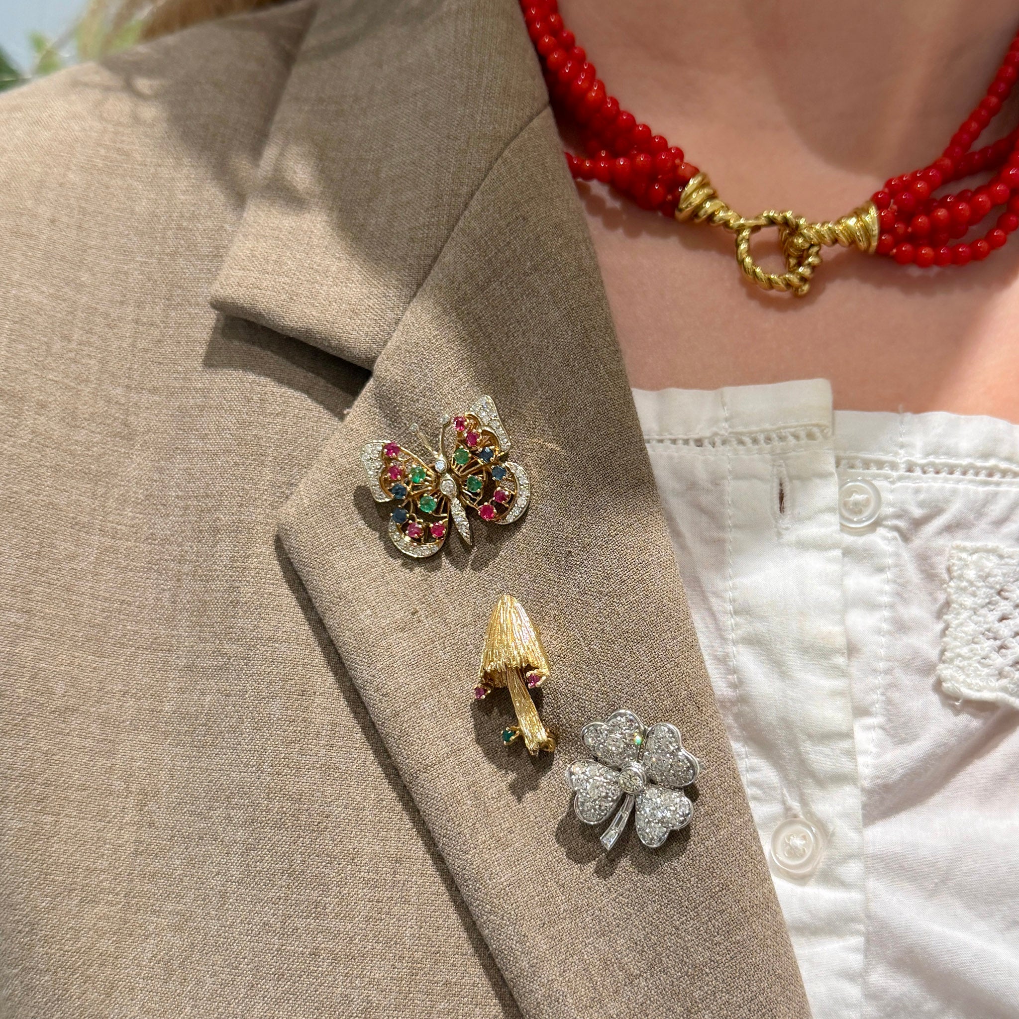 Vintage Diamond & Multi Stone 10K Gold Butterfly Brooch, Vintage Ruby & Emerald 14K Yellow Gold Mushroom Brooch