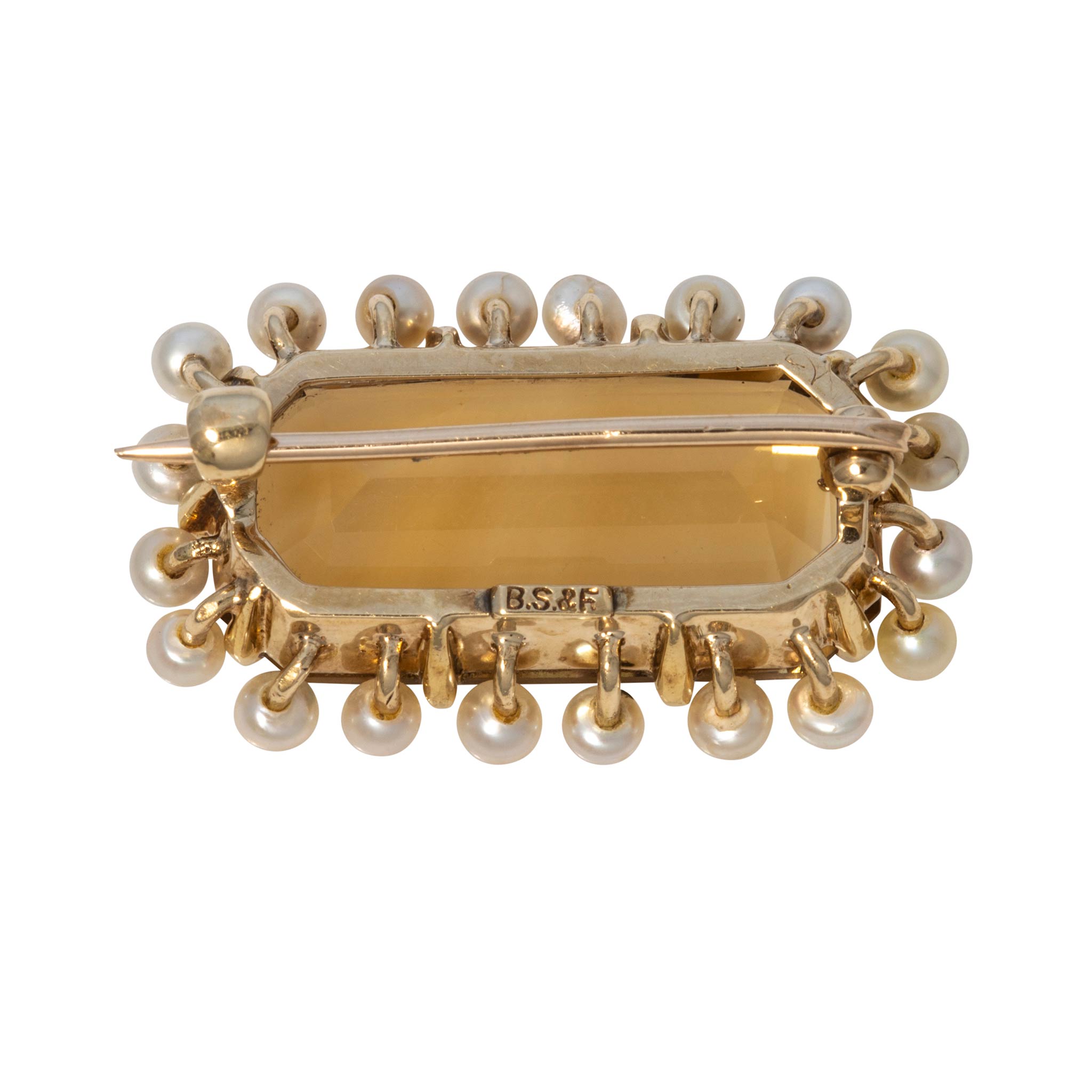 Victorian Style Citrine & Seed Pearl 14K Gold Brooch