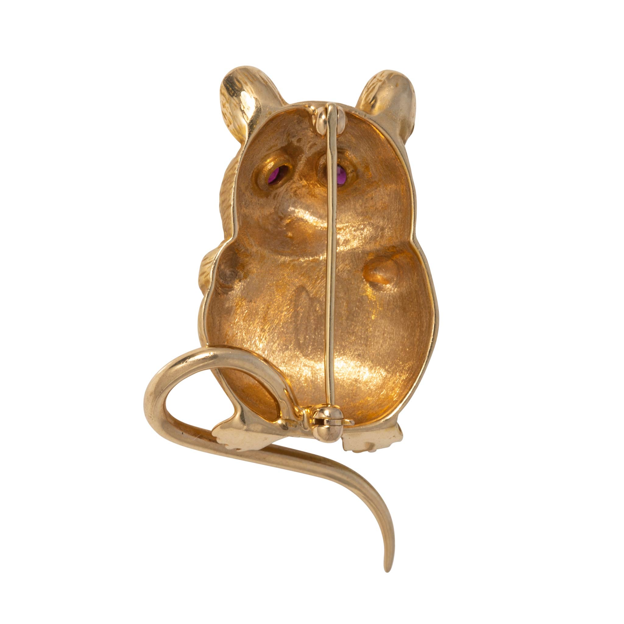 Vintage Ruby 14K Yellow Gold Mouse Brooch