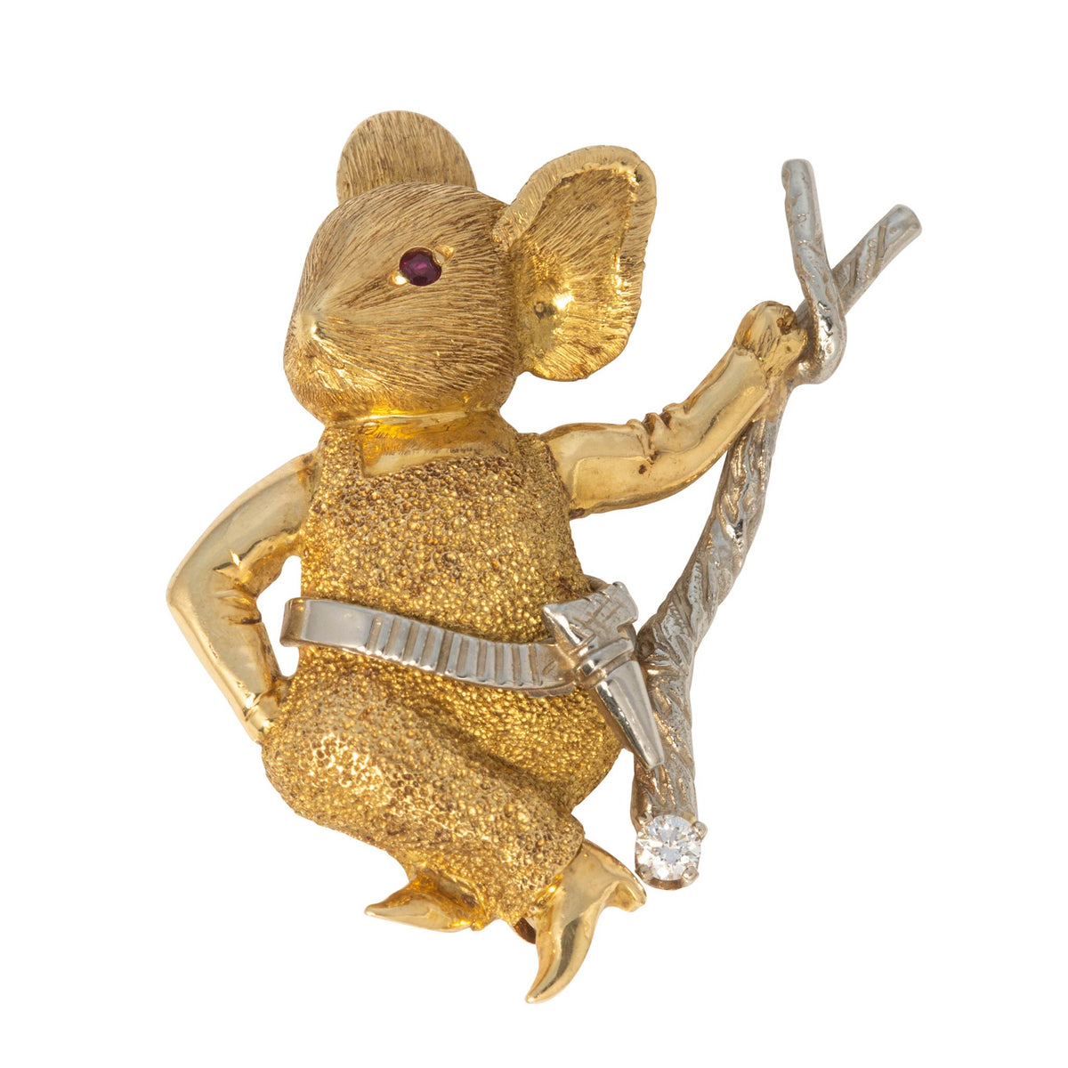 Vintage Diamond & Ruby 18K Gold Mouse Brooch