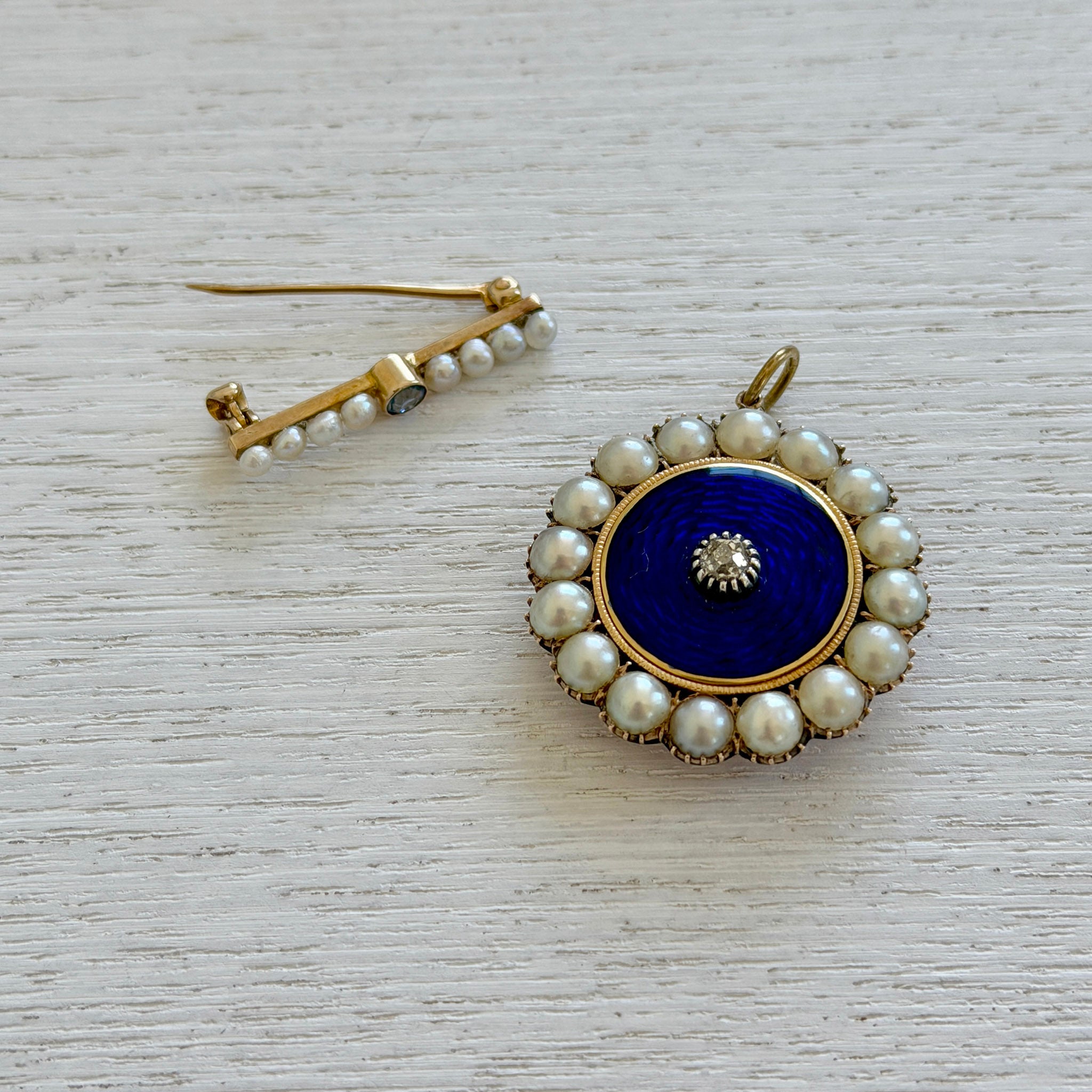 Vintage Sapphire & Pearl 14K Gold Bar Pin, Victorian Style Diamond, Pearl & Guilloché Enamel 10K Gold Pendant