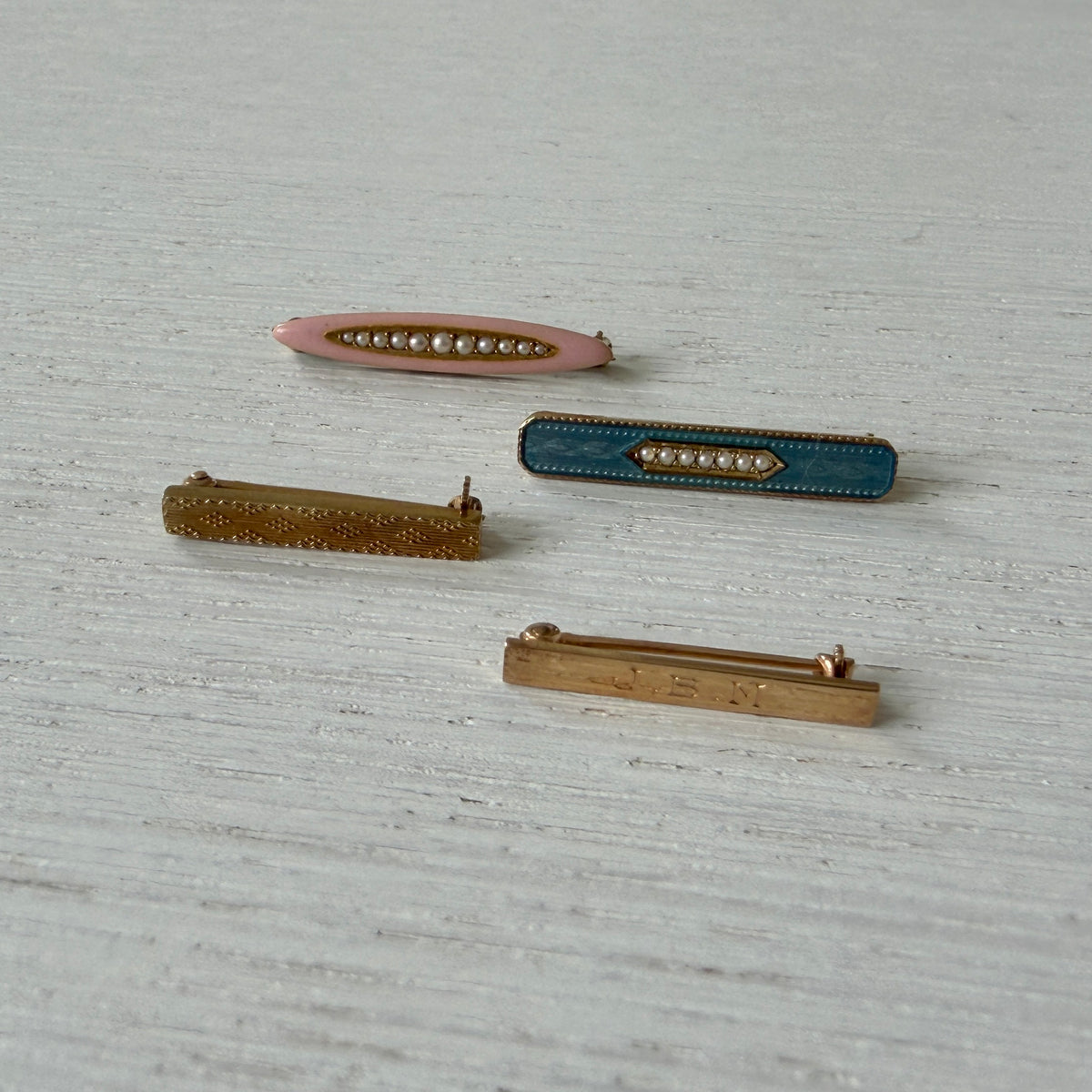 Estate 'JBM' Engraved 14K Gold Baby Bar Pin, Estate Engraved Pattern 14K Gold Baby Bar Pin, Estate Blue Guilloché Enamel Seed Pearl 14K Gold Baby Bar Pin, Estate Pink Enamel Seed Pearl 14K Gold Baby Bar Pin