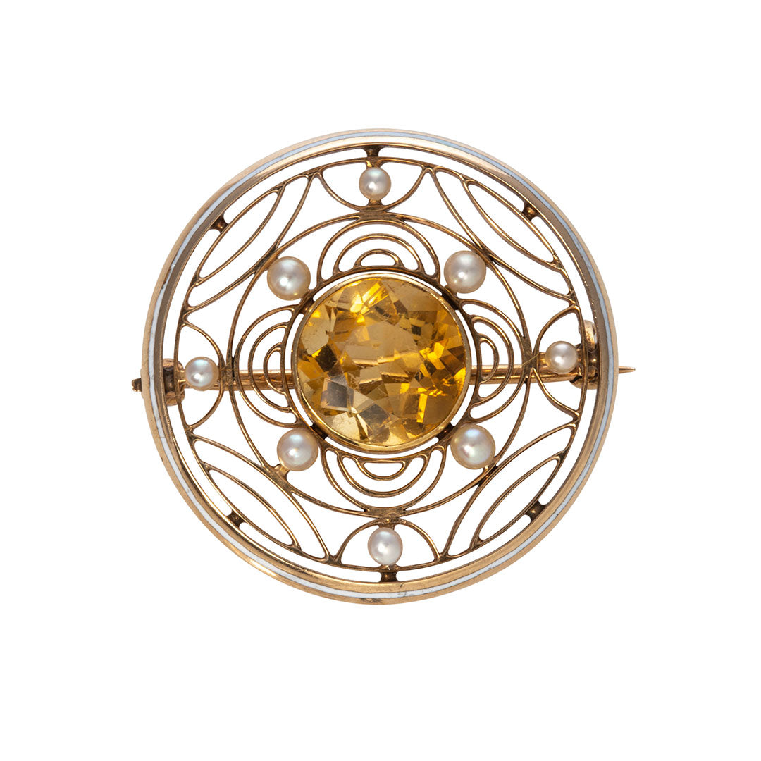 Edwardian Citrine, Pearl & Enamel 14K Gold Circle Pin
