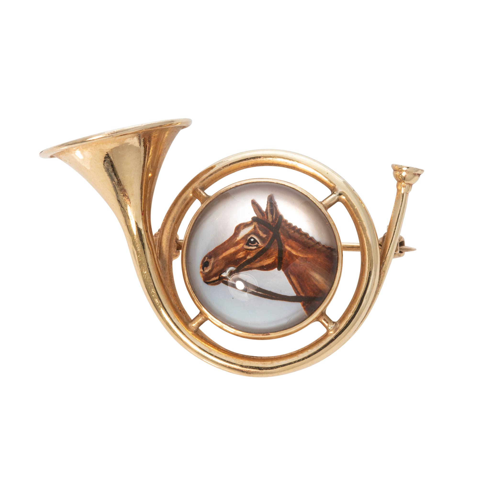 Victorian Essex Crystal Horse 14K Gold Hunting Horn Pin