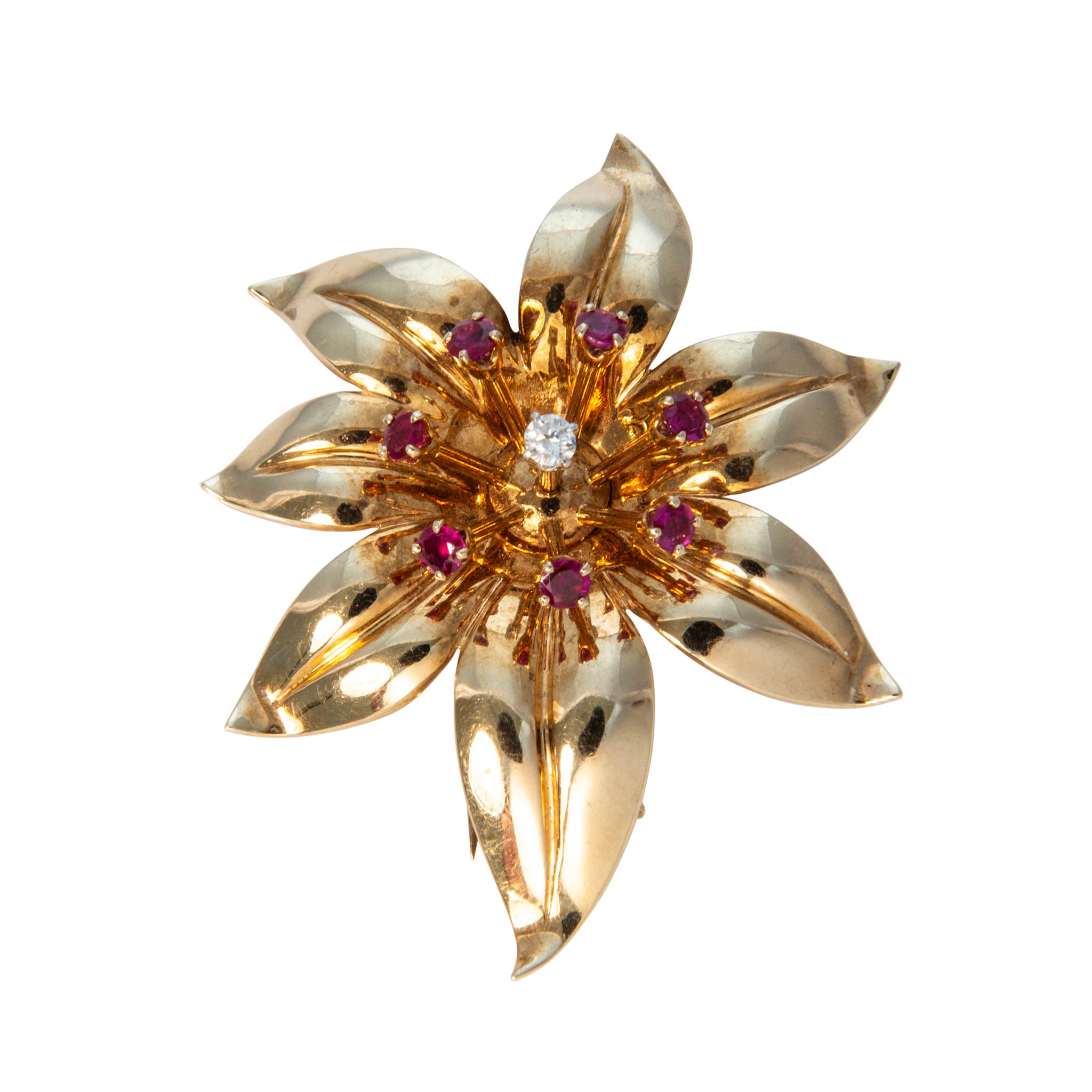 Vintage Ruby & Diamond 14K Gold Flower Brooch