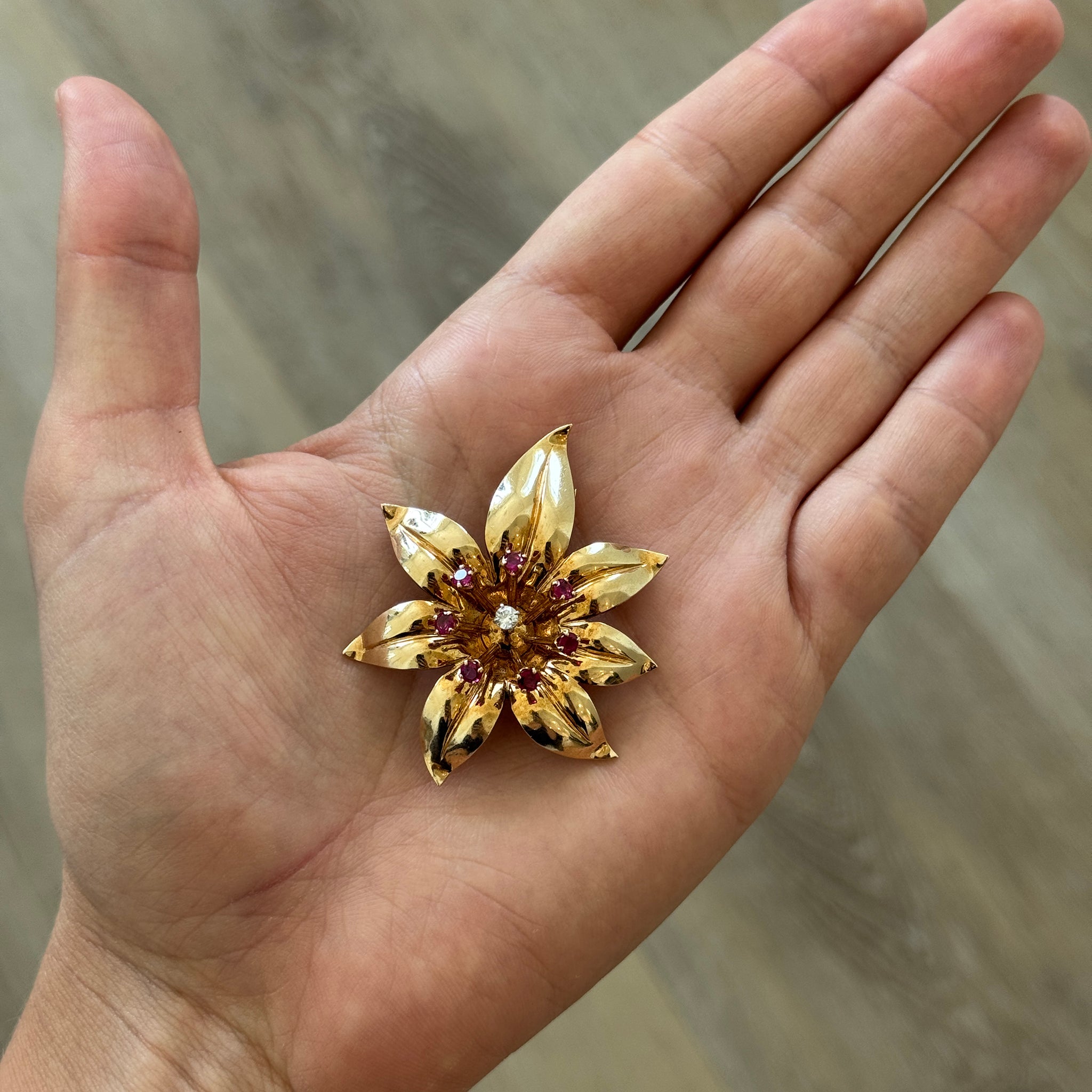 Vintage Ruby & Diamond 14K Gold Flower Brooch