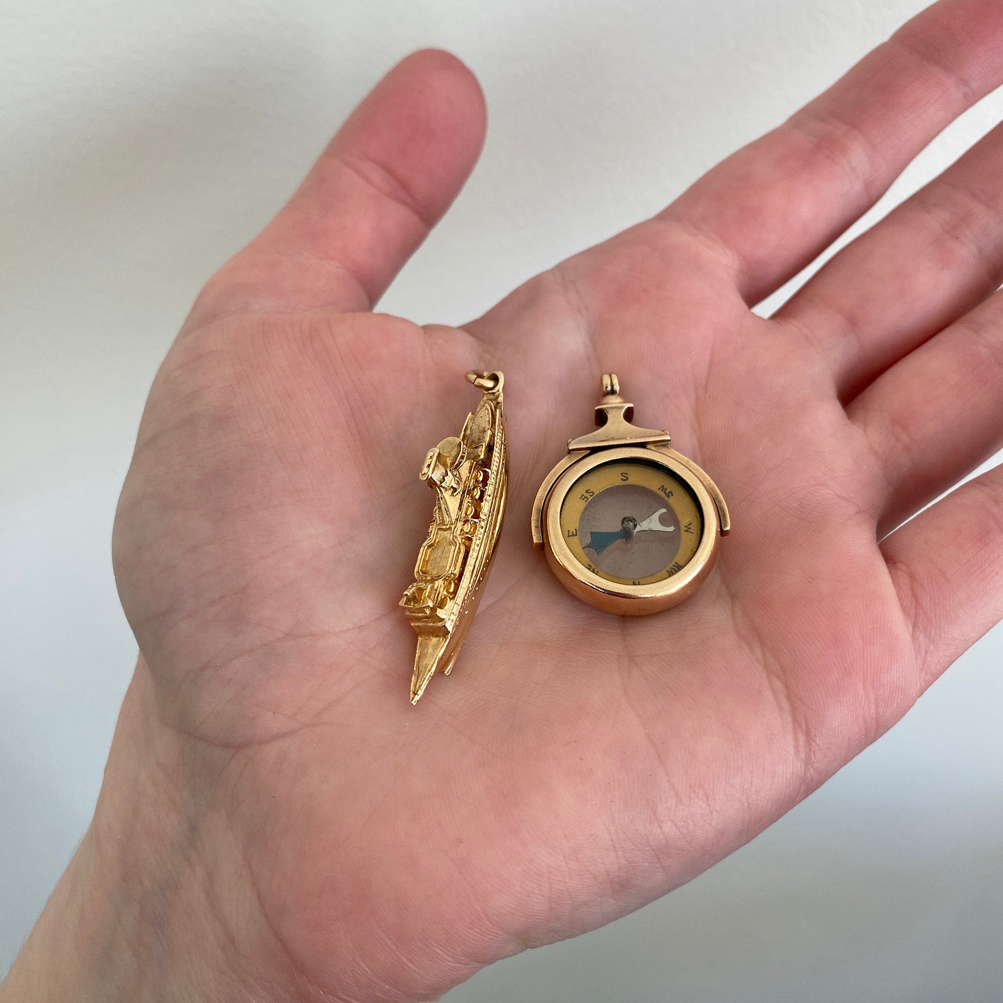 Vintage 14K Gold Cruise Ship Charm, Victorian 9K Gold Swivel Compass Fob Pendant