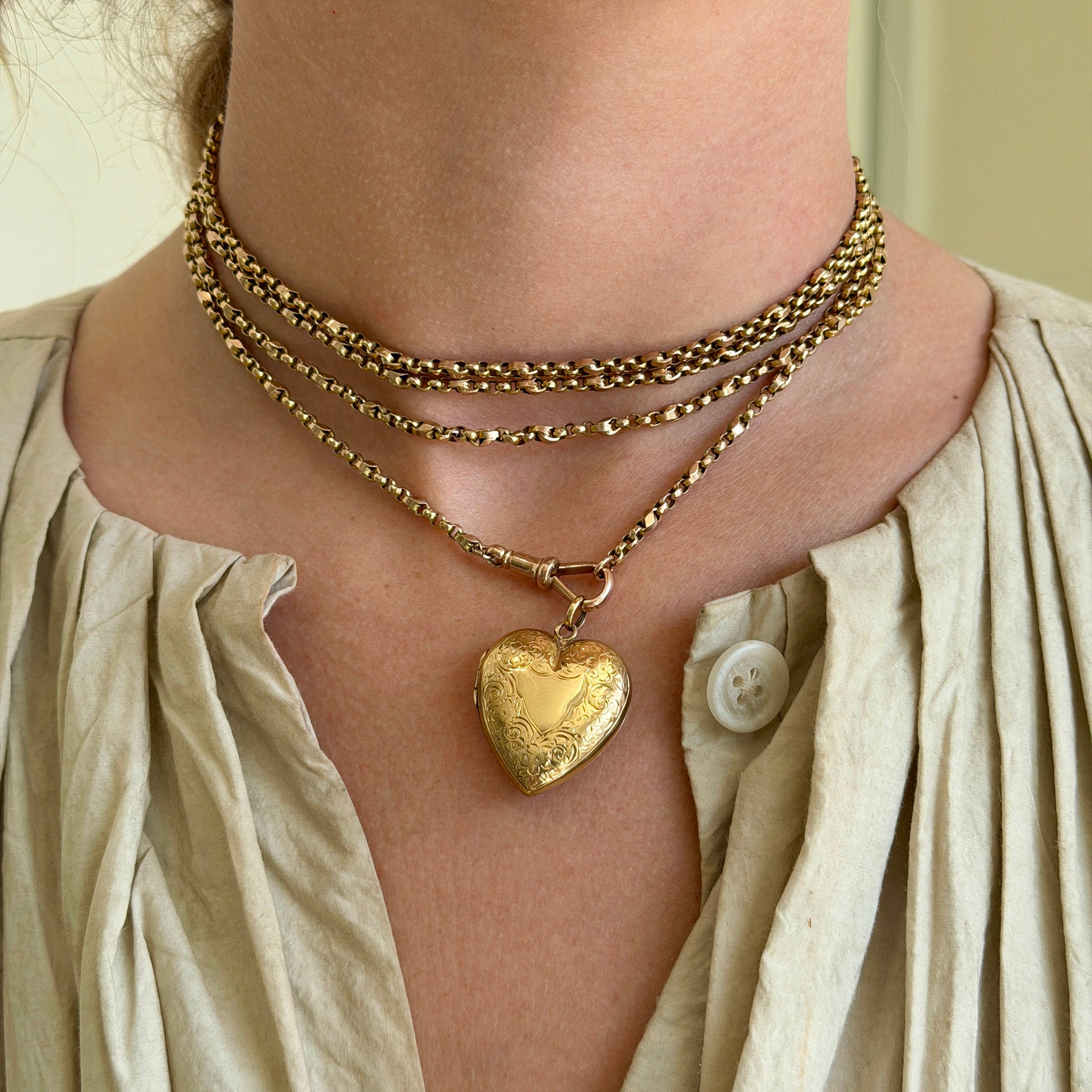 Victorian 9K Gold Engraved Heart Locket Pendant and Victorian Style 9K Gold Guard Chain 56"