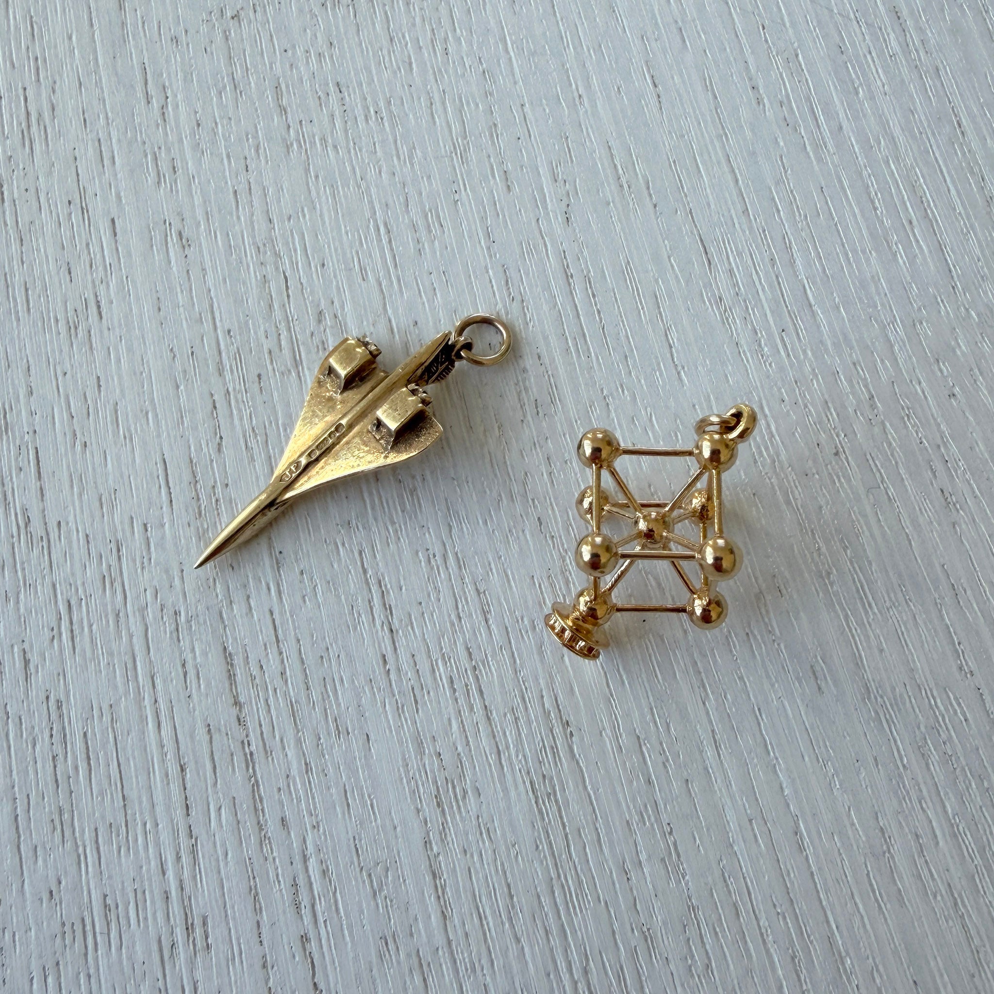 Vintage 9K Gold Concorde Jet Charm, Vintage 18K Gold Atomic Cube Charm