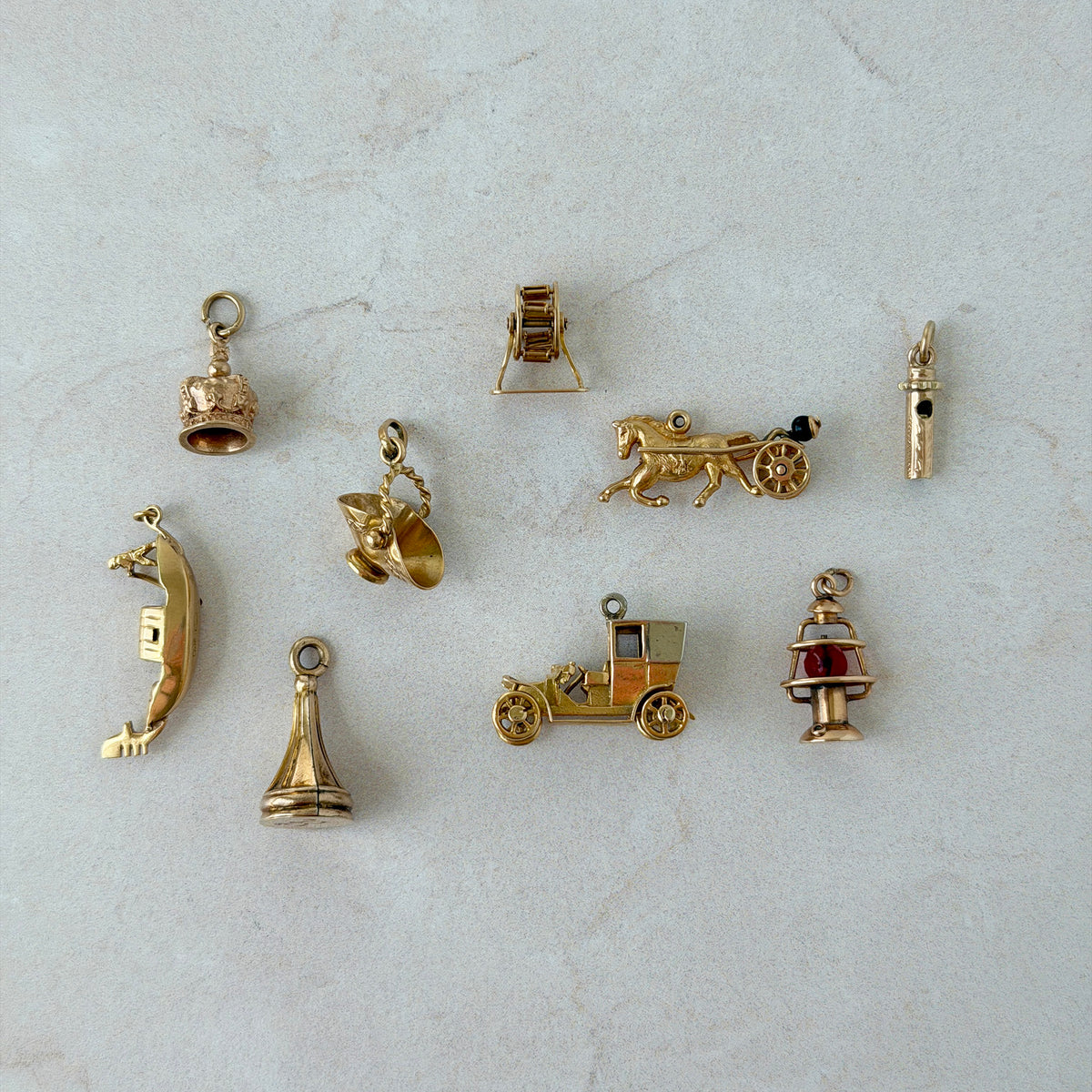 Vintage 9K Gold Crown Charm, Vintage 14K Gold Whistle Charm, Vintage 18K Gold Basket Charm, Vintage 14K Gold Ferris Wheel Charm, Vintage 14K Gold Engraved Fob Charm, Vintage 14K Gold Race Horse Sulky Cart Charm, Vintage 14K Gold Antique Style Automobile Charm, Vintage 18K Gold Venetian Gondola Charm, Vintage 18K Gold Red Bead Lantern Charm